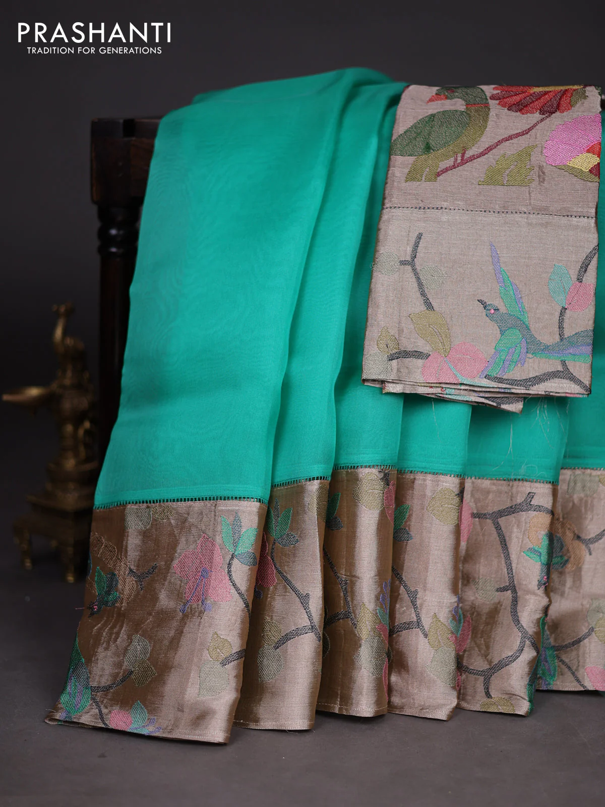 Organza silk saree teal green with plain body and embroidery border - Image 2