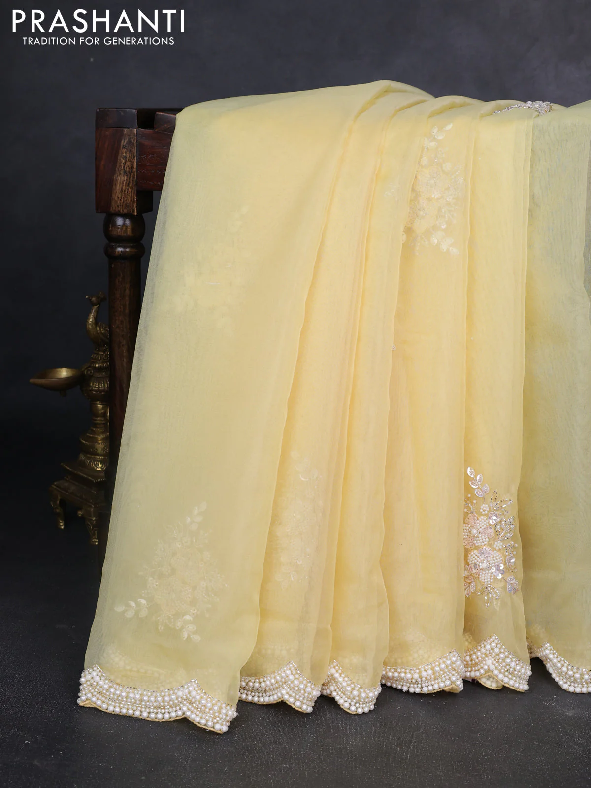 Organza silk saree yellow with allover floral embroidery sequin work and beaded work border