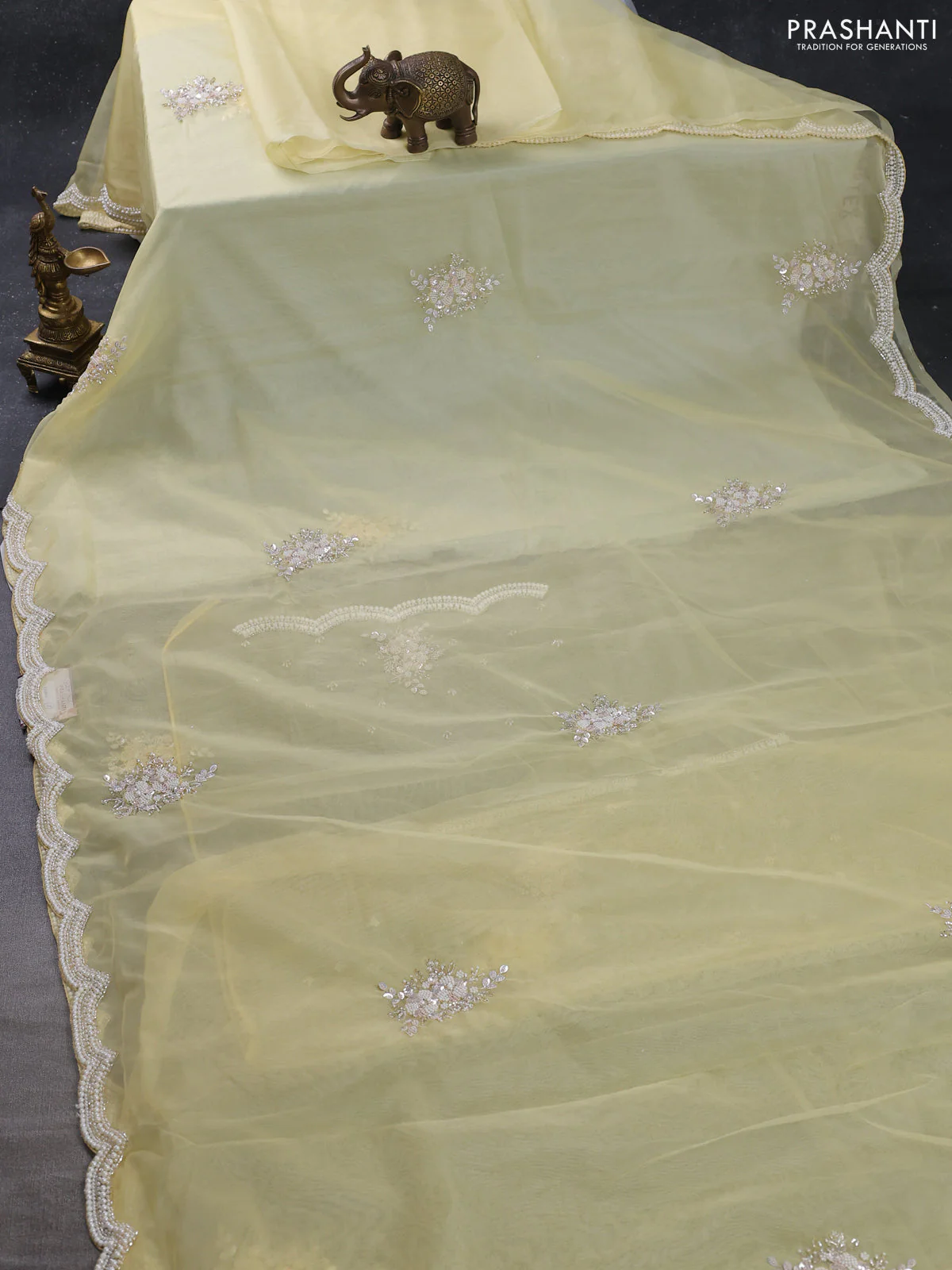 Organza silk saree yellow with allover floral embroidery sequin work and beaded work border - Image 2