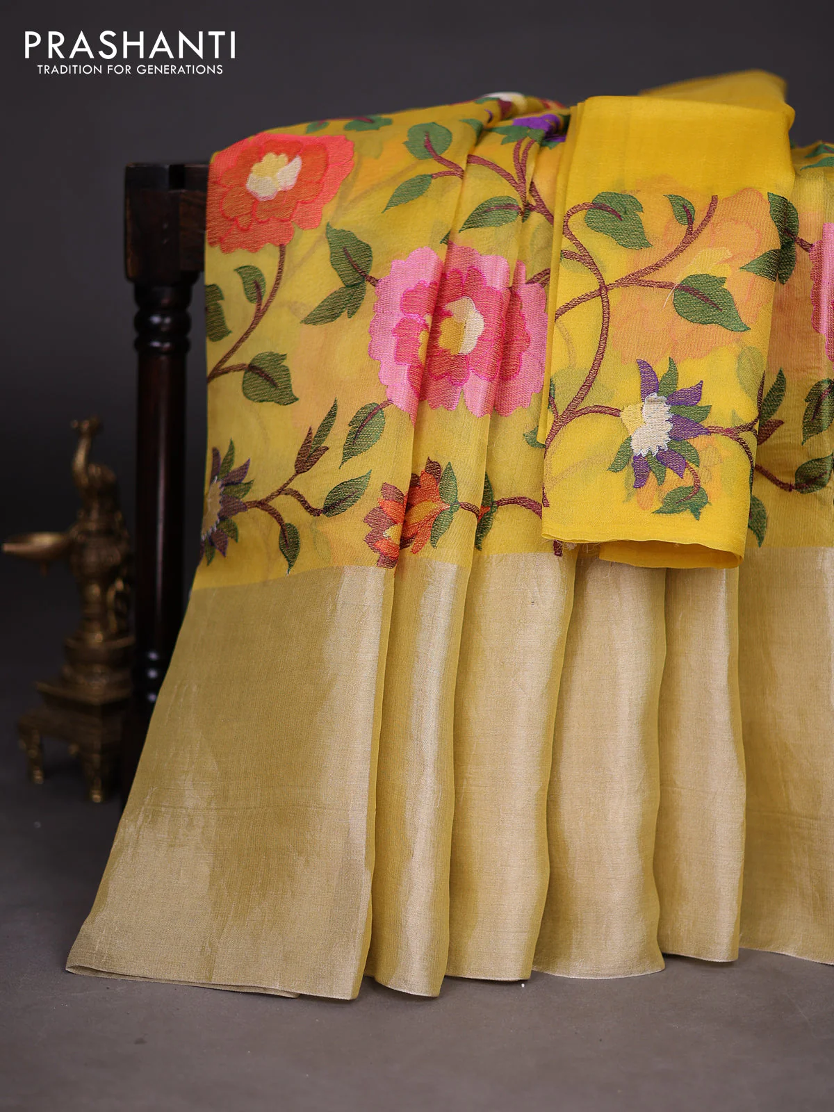 Organza silk saree yellow with allover floral embroidery work and long zari woven border - Image 2