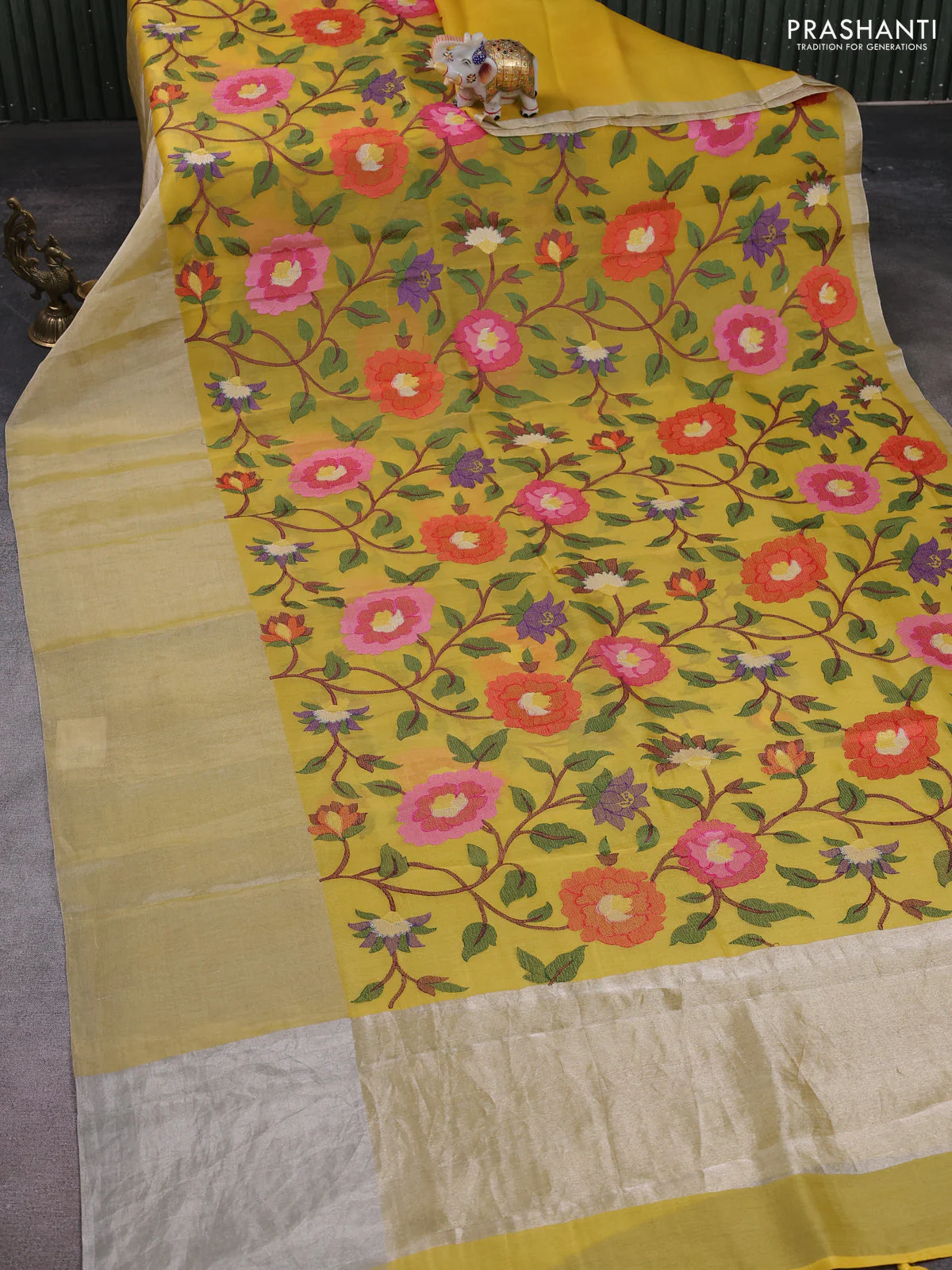 Organza silk saree yellow with allover floral embroidery work and long zari woven border - Image 3