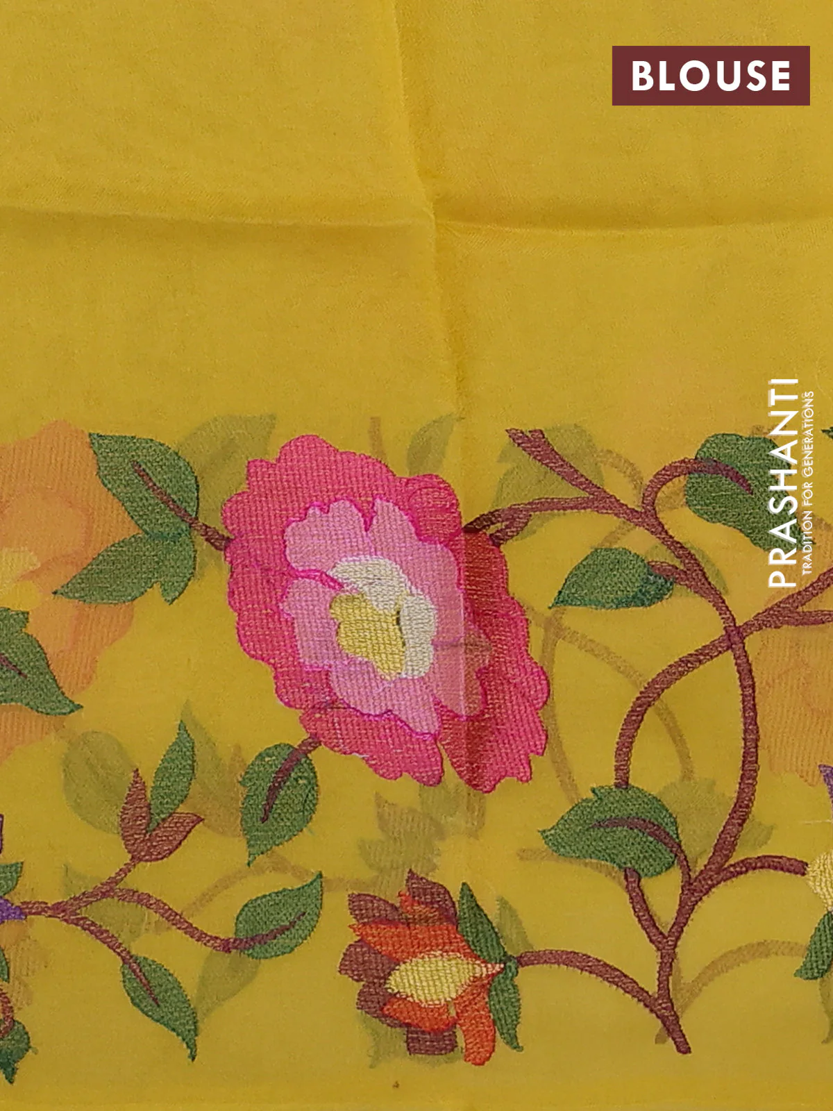 Organza silk saree yellow with allover floral embroidery work and long zari woven border - Image 4