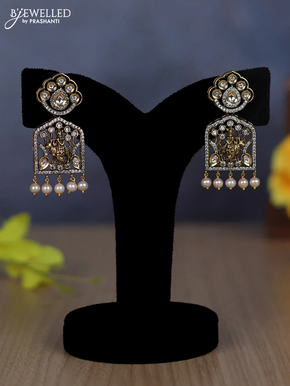 Original Pearl triple layer necklace krishna pendant with kundan & cz stones and pearl hangings - Image 2