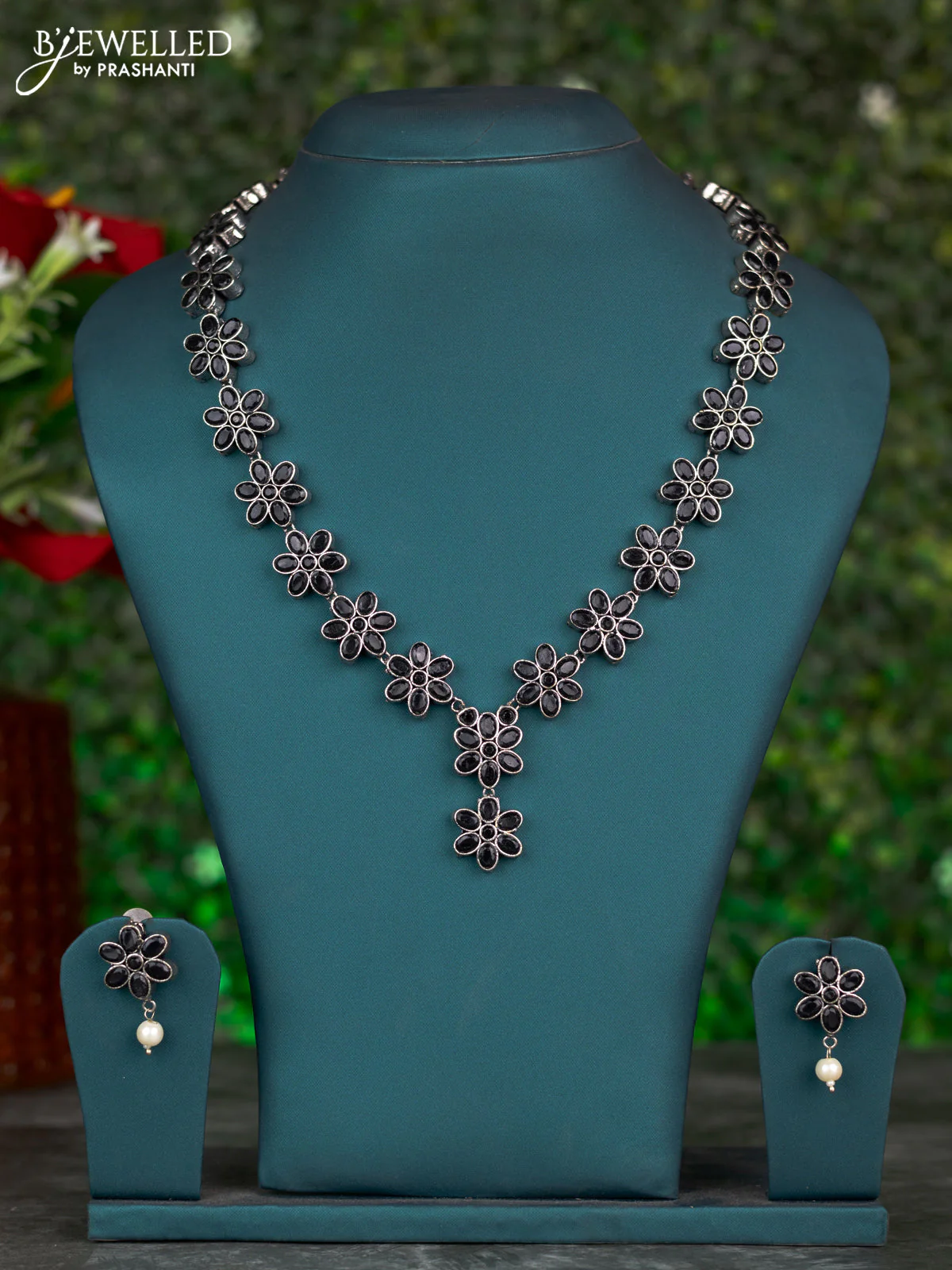 Oxidised haaram floral design with black stones and pearl hangings