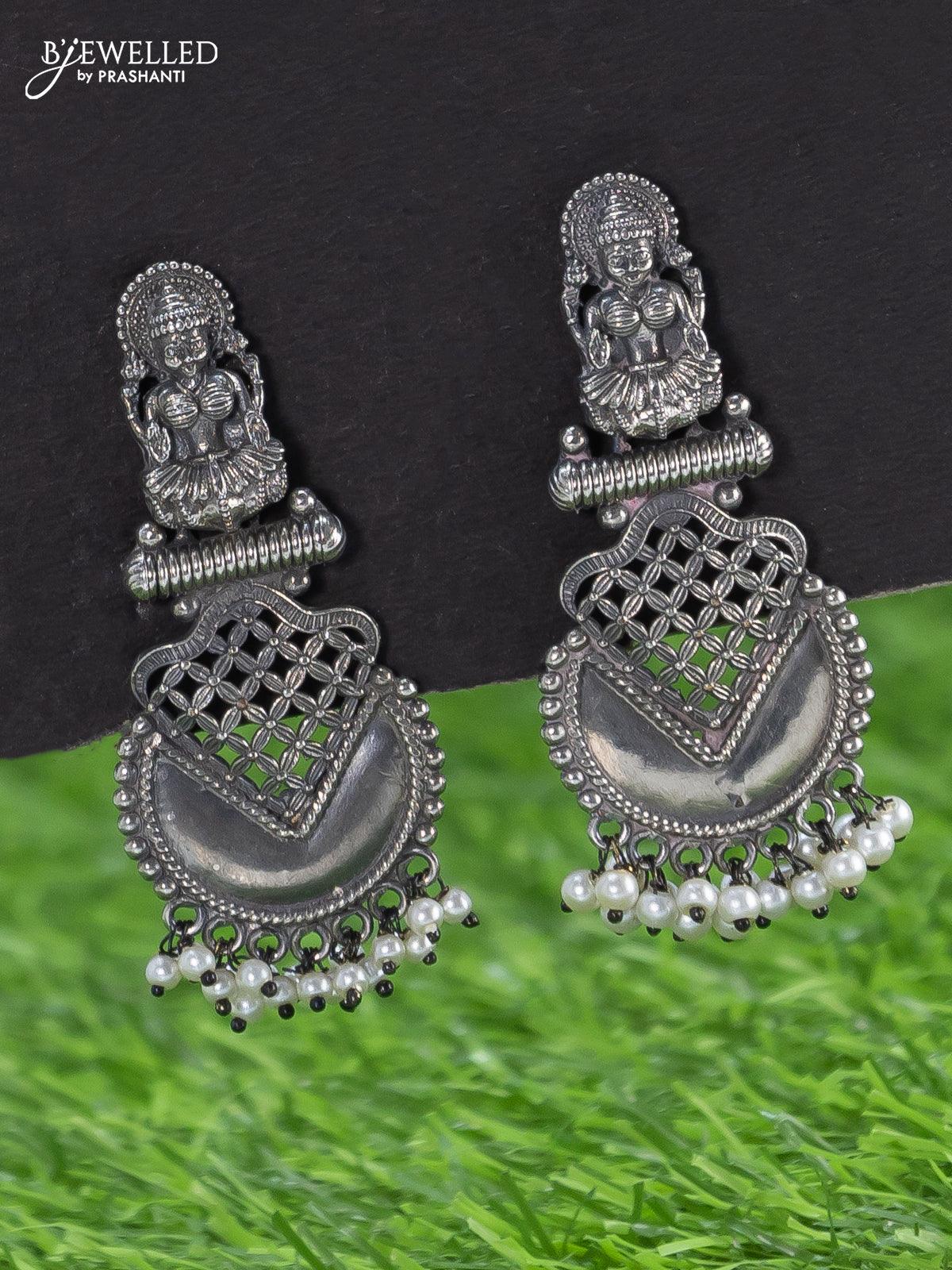 Oxidised haaram lakshmi design pink kemp and cz stone with pearl hangings - Image 2