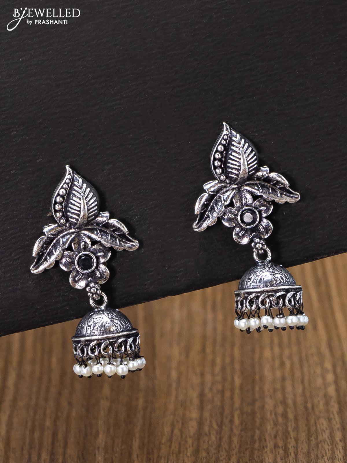 Oxidised jhumka floral & leaf design with black stones and pearl hangings