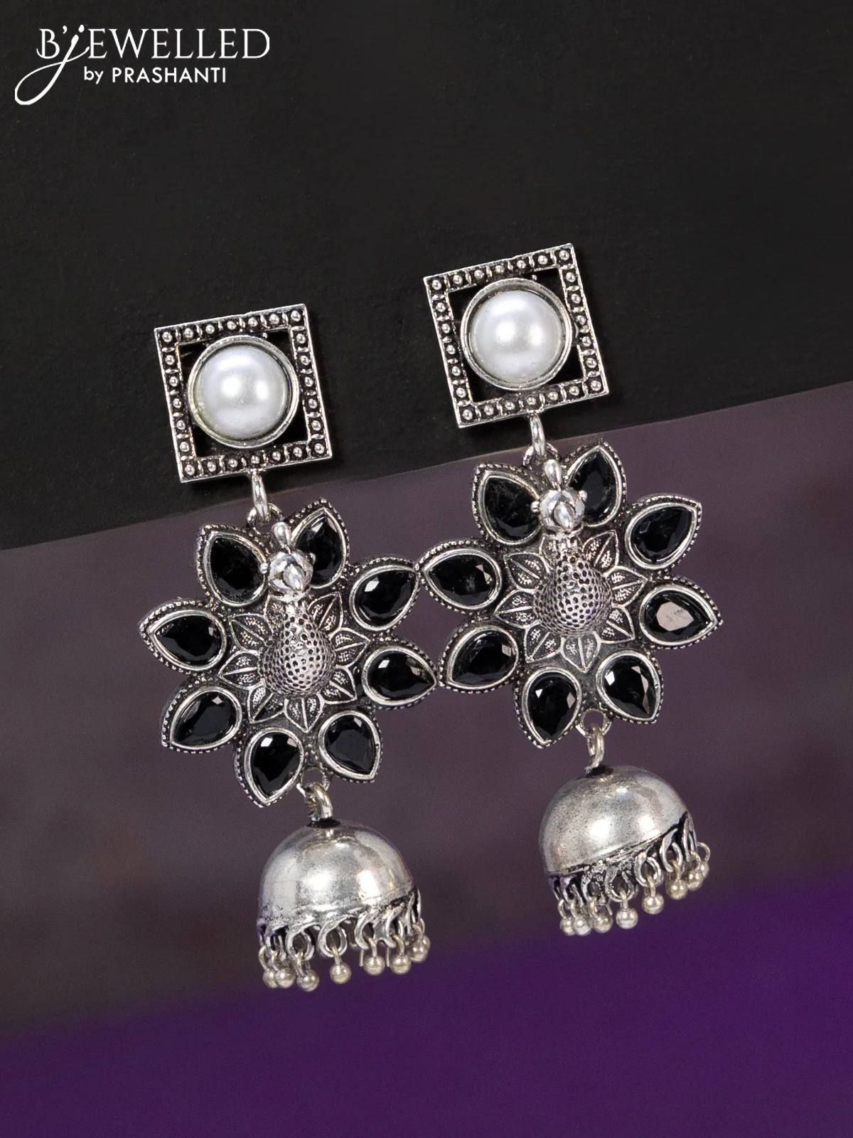 Oxidised jhumka peacock design with black stones