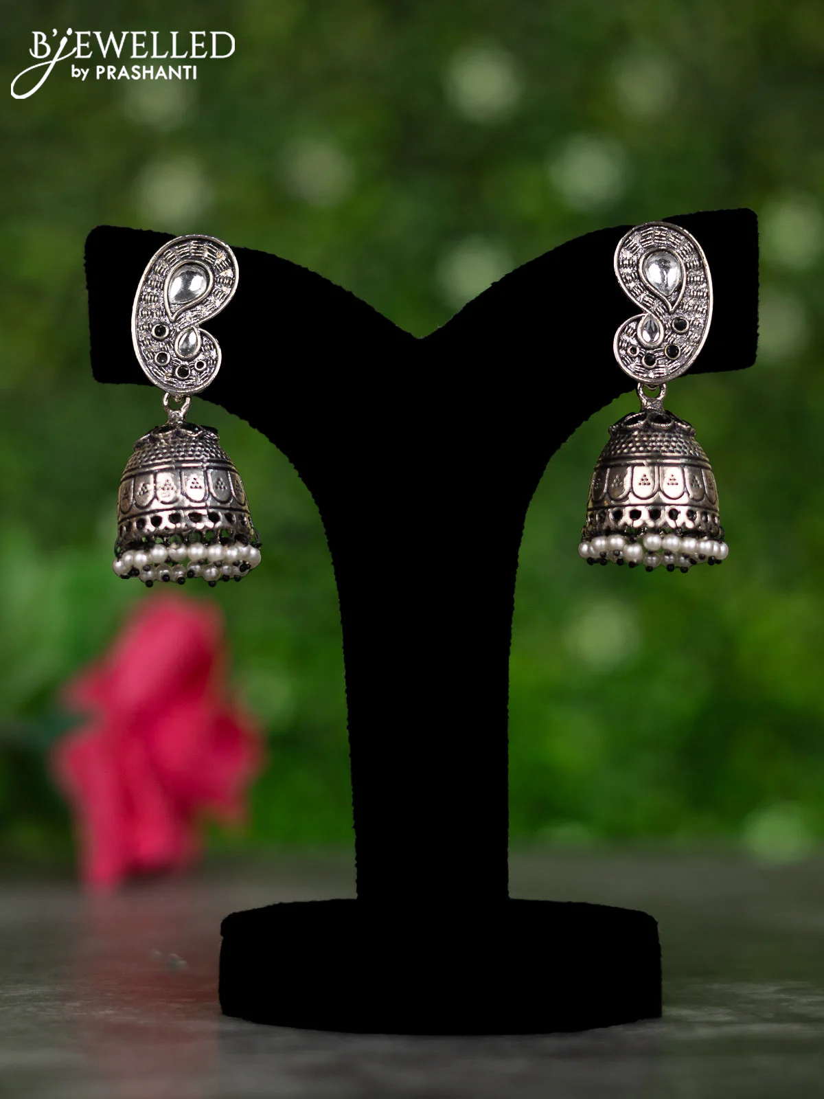 Oxidised jhumkas with black & kundan stones and pearl hangings