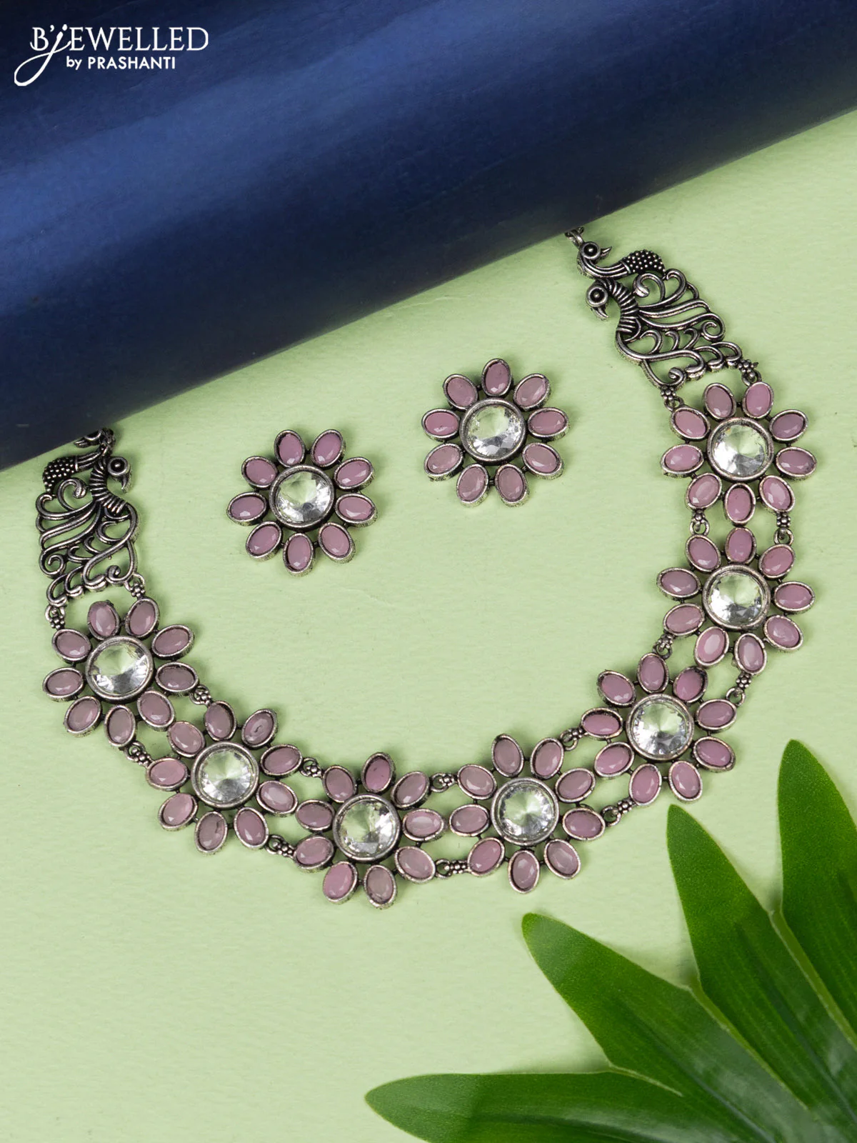Oxidised necklace floral design with baby pink and cz stones