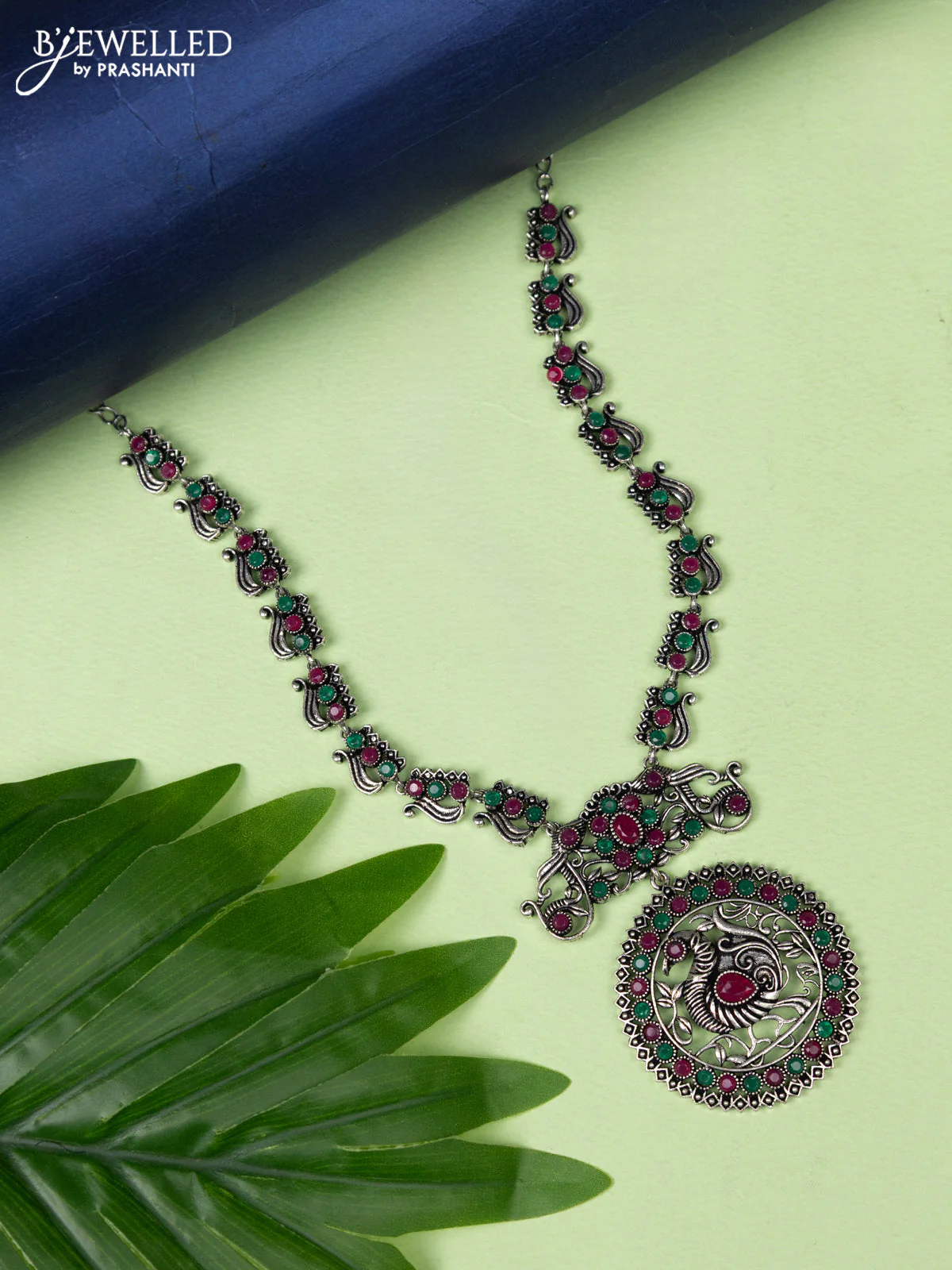 Oxidised necklace kemp stone with peacock pendant without earring