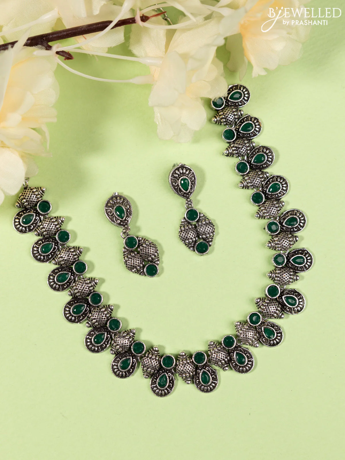 Oxidised Necklace with emerald stones