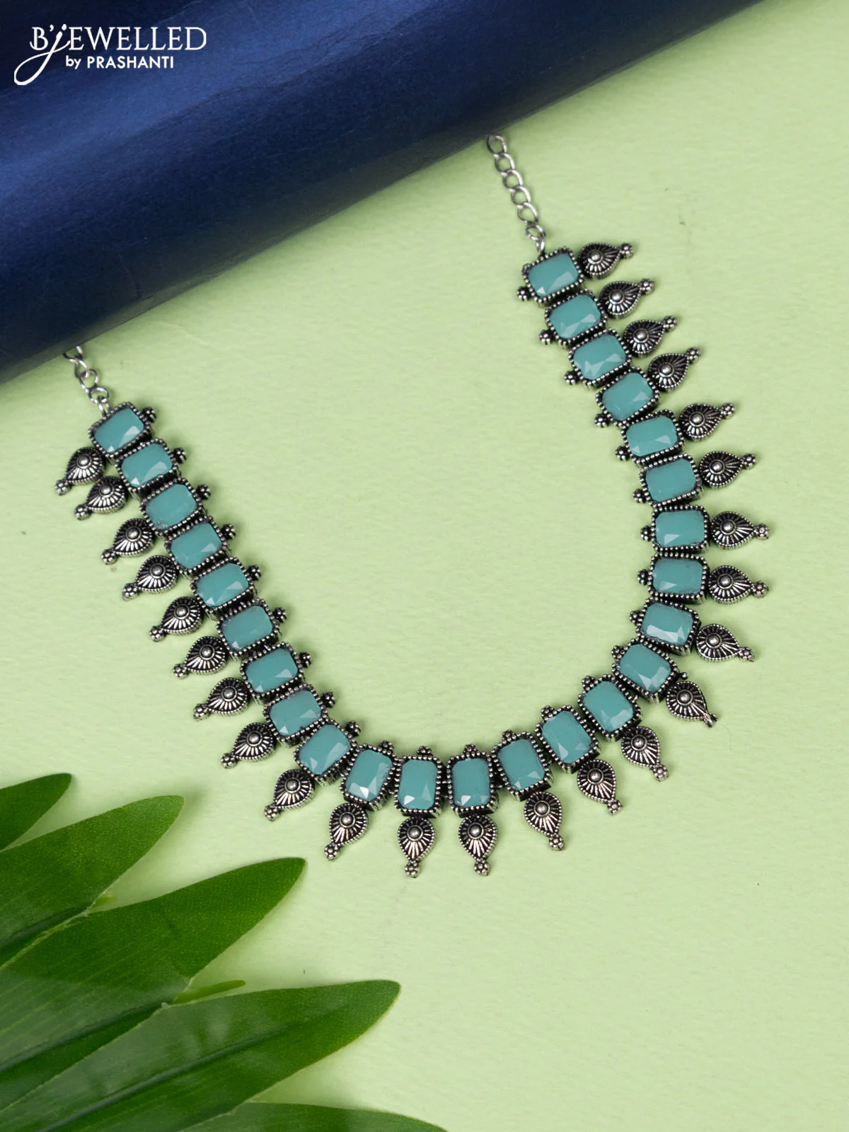 Oxidised necklace with mint green stones without earring