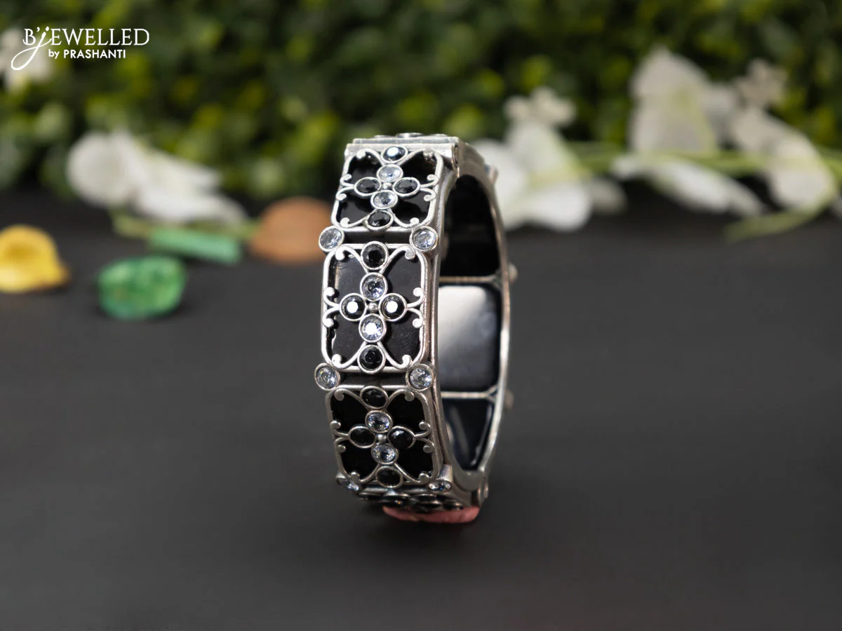 Oxidised screw type bangle with black and cz stones - Image 2