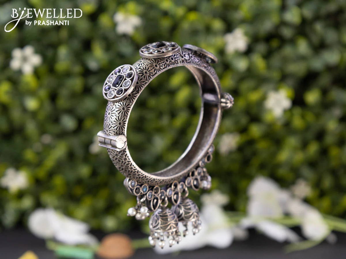 Oxidised screw type bangle with black & cz stones and hangings - Image 2