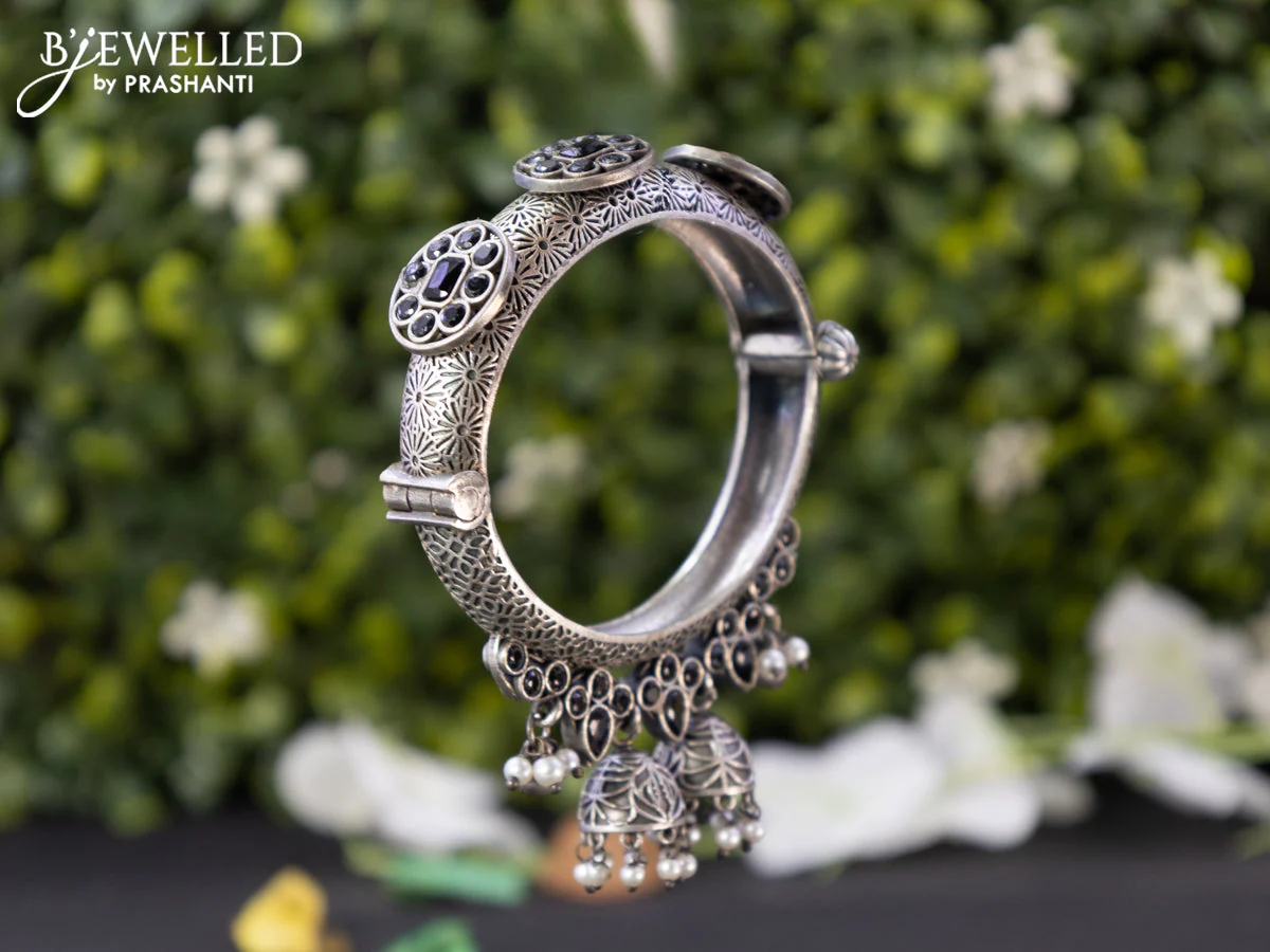 Oxidised screw type bangle with black stones and hangings - Image 2