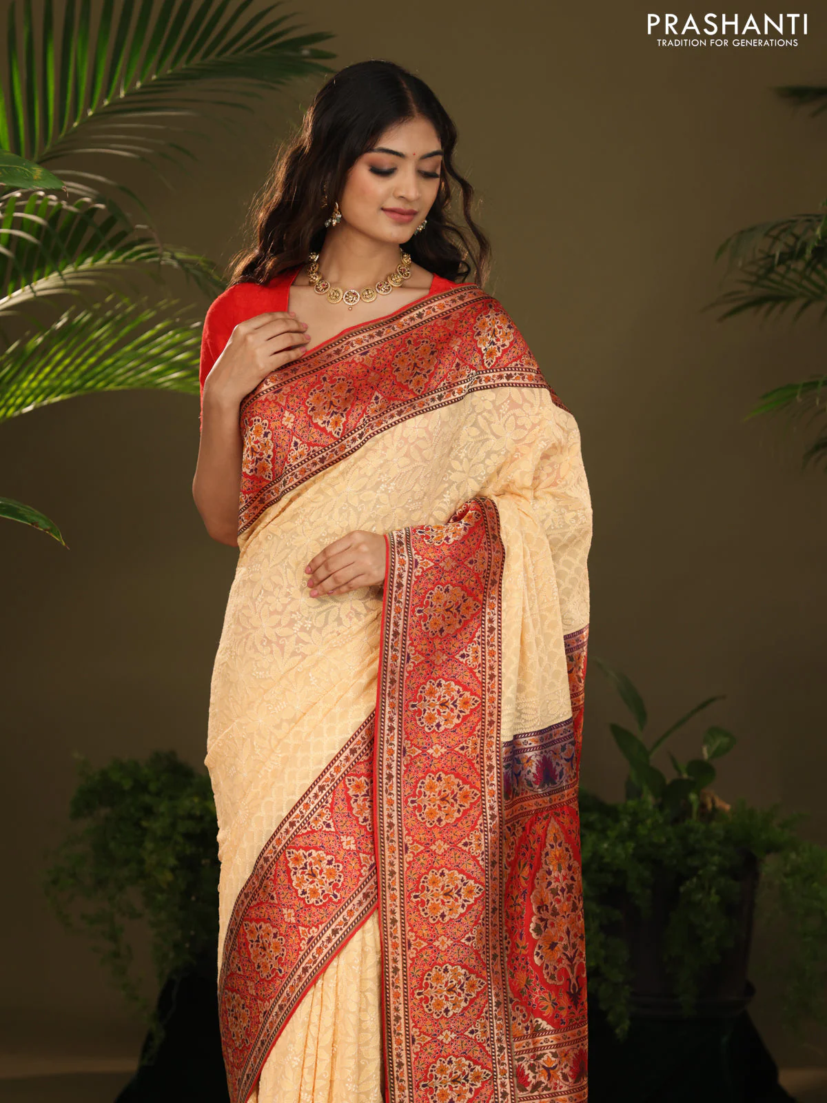 Pale Yellow & Red  Georgette Saree with Chikankari work & banaras border - Image 3