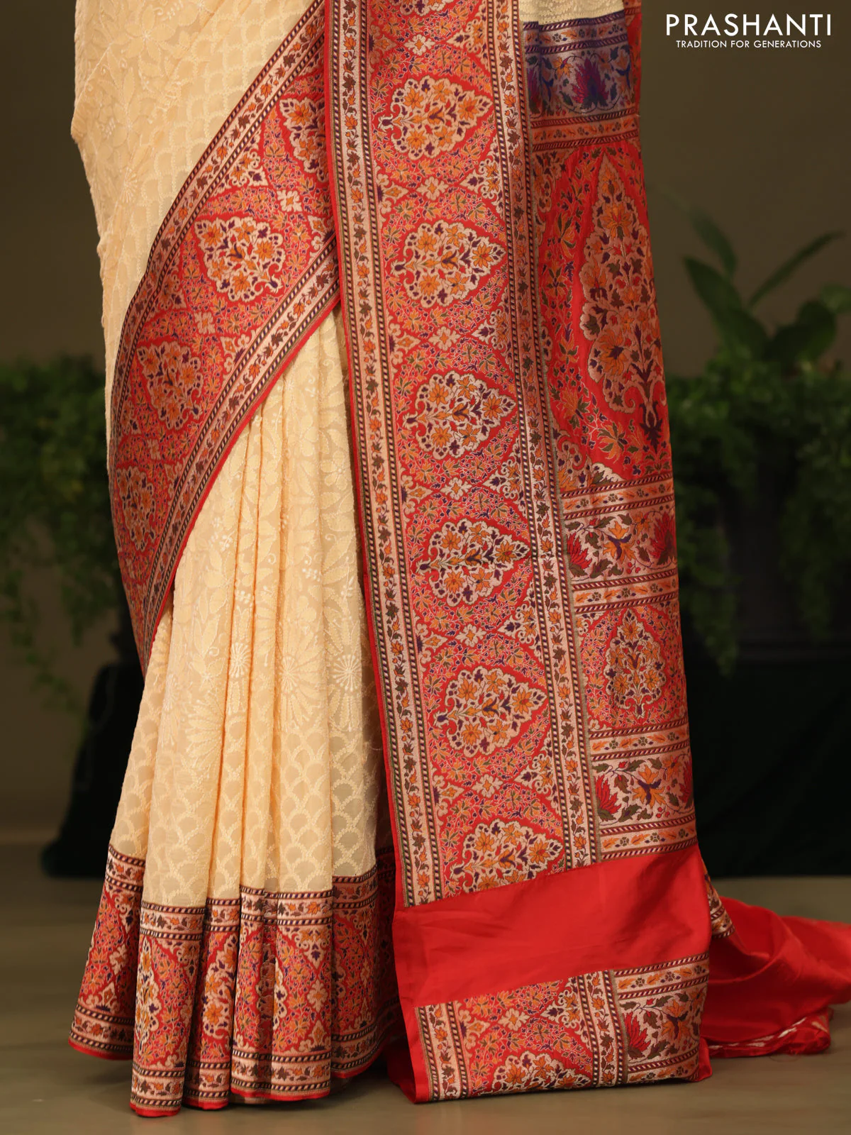 Pale Yellow & Red  Georgette Saree with Chikankari work & banaras border - Image 4