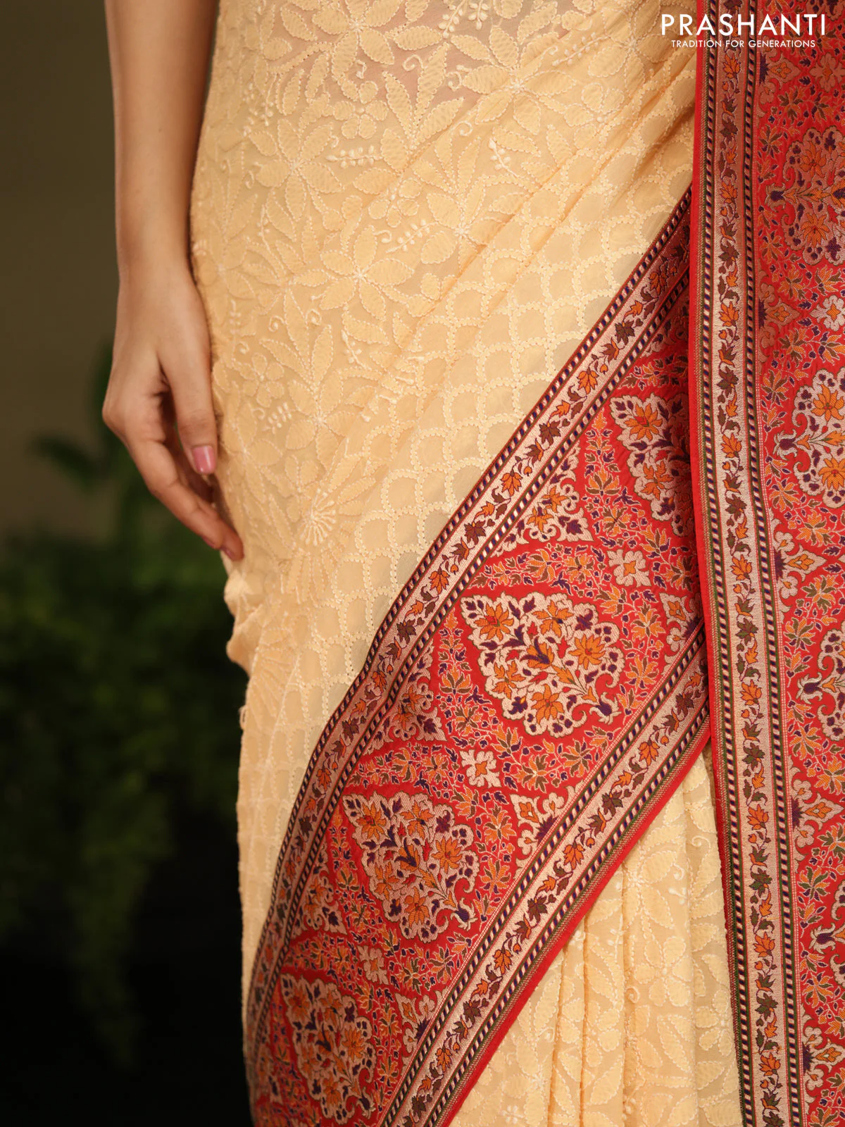 Pale Yellow & Red  Georgette Saree with Chikankari work & banaras border - Image 5