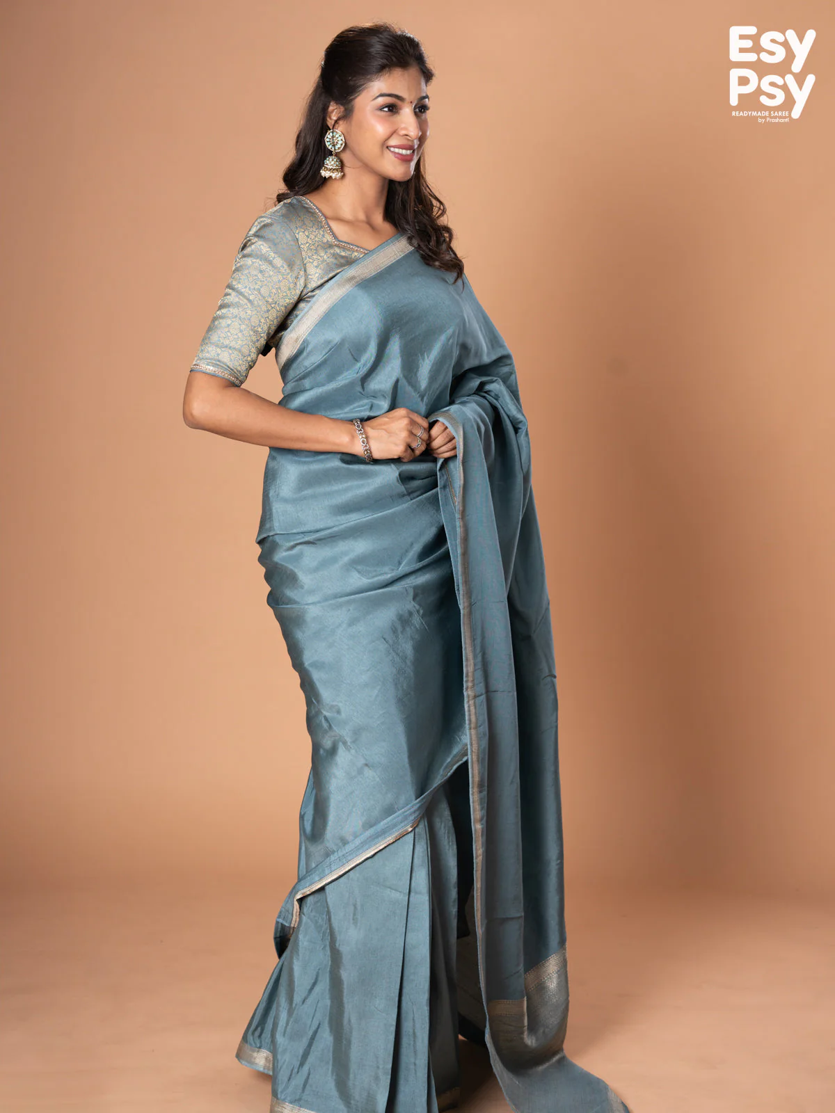 Pastel blue Semi Tussar readymade saree with readymade brocade blouse - Image 2
