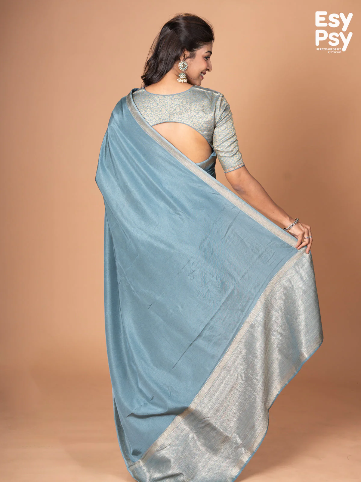 Pastel blue Semi Tussar readymade saree with readymade brocade blouse - Image 3
