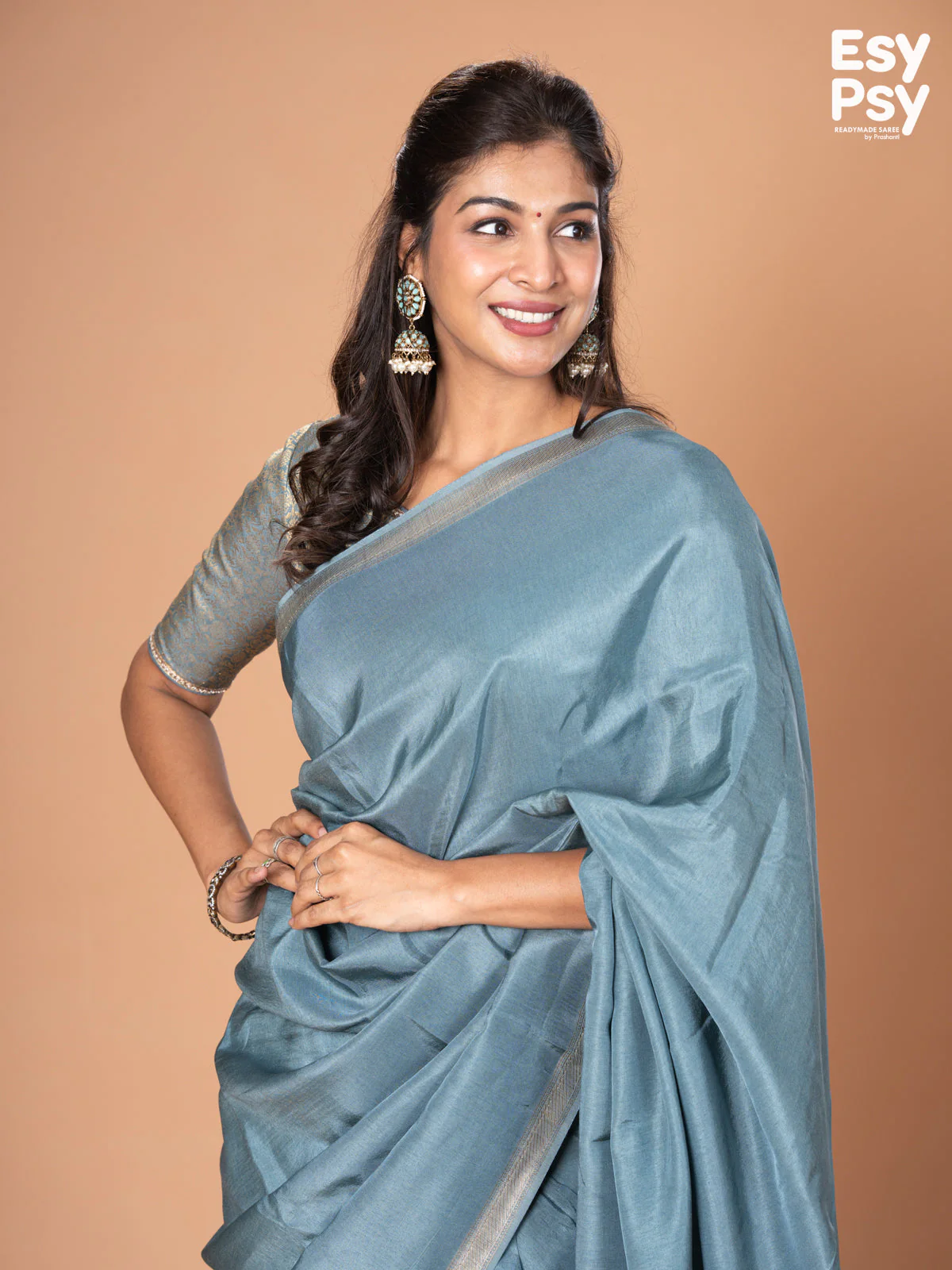 Pastel blue Semi Tussar readymade saree with readymade brocade blouse - Image 4