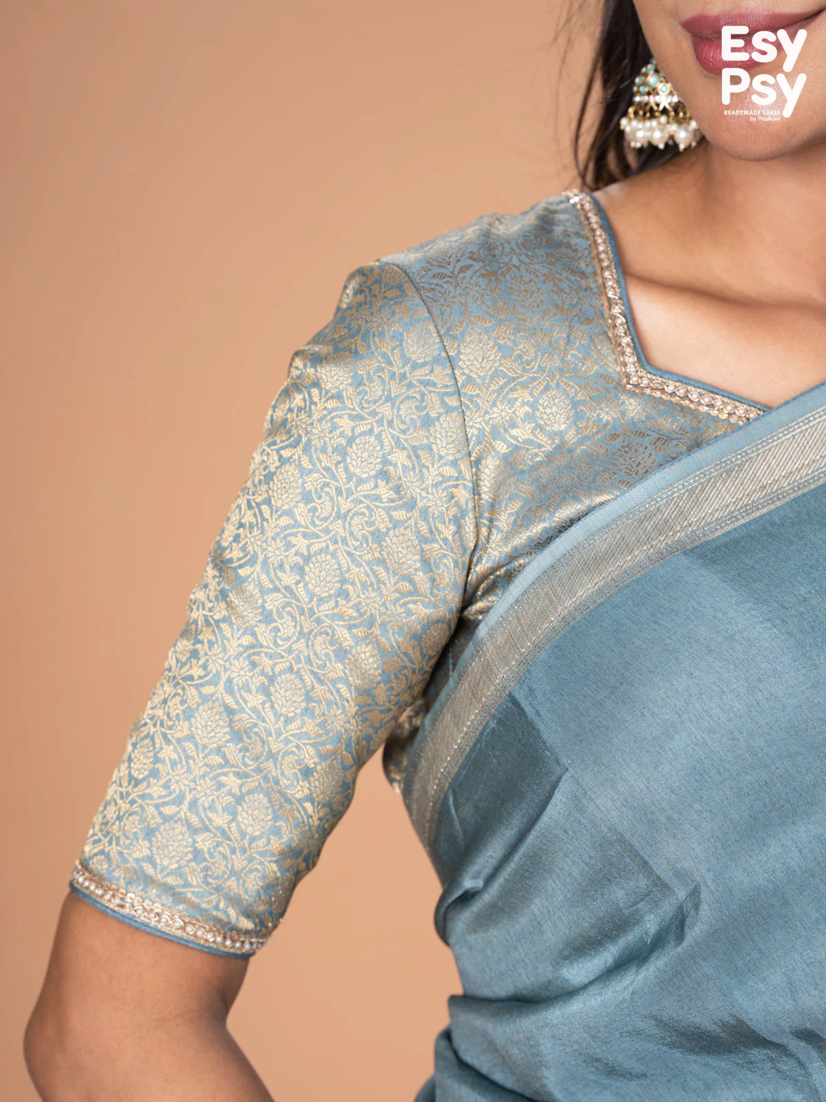 Pastel blue Semi Tussar readymade saree with readymade brocade blouse - Image 6