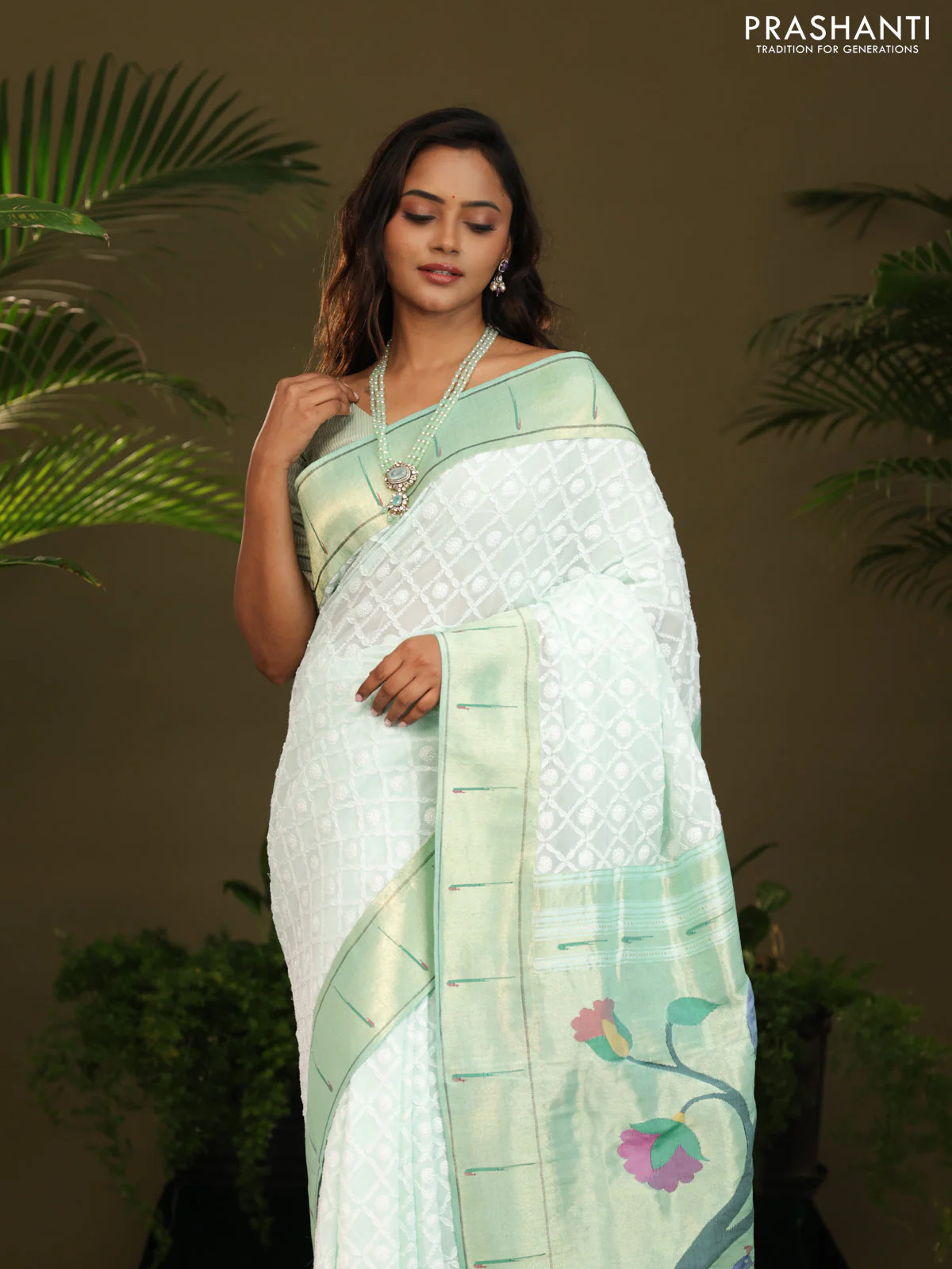 Pastel green Georgette Saree with Chikankari Work & paithani pallu - Image 3