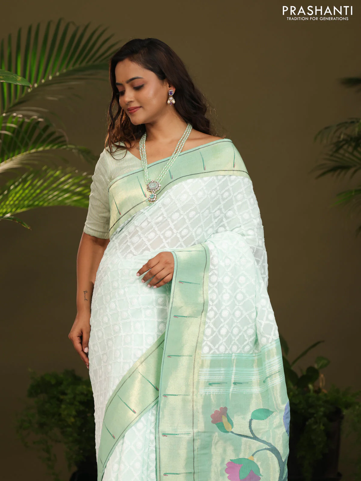 Pastel green Georgette Saree with Chikankari Work & paithani pallu - Image 4