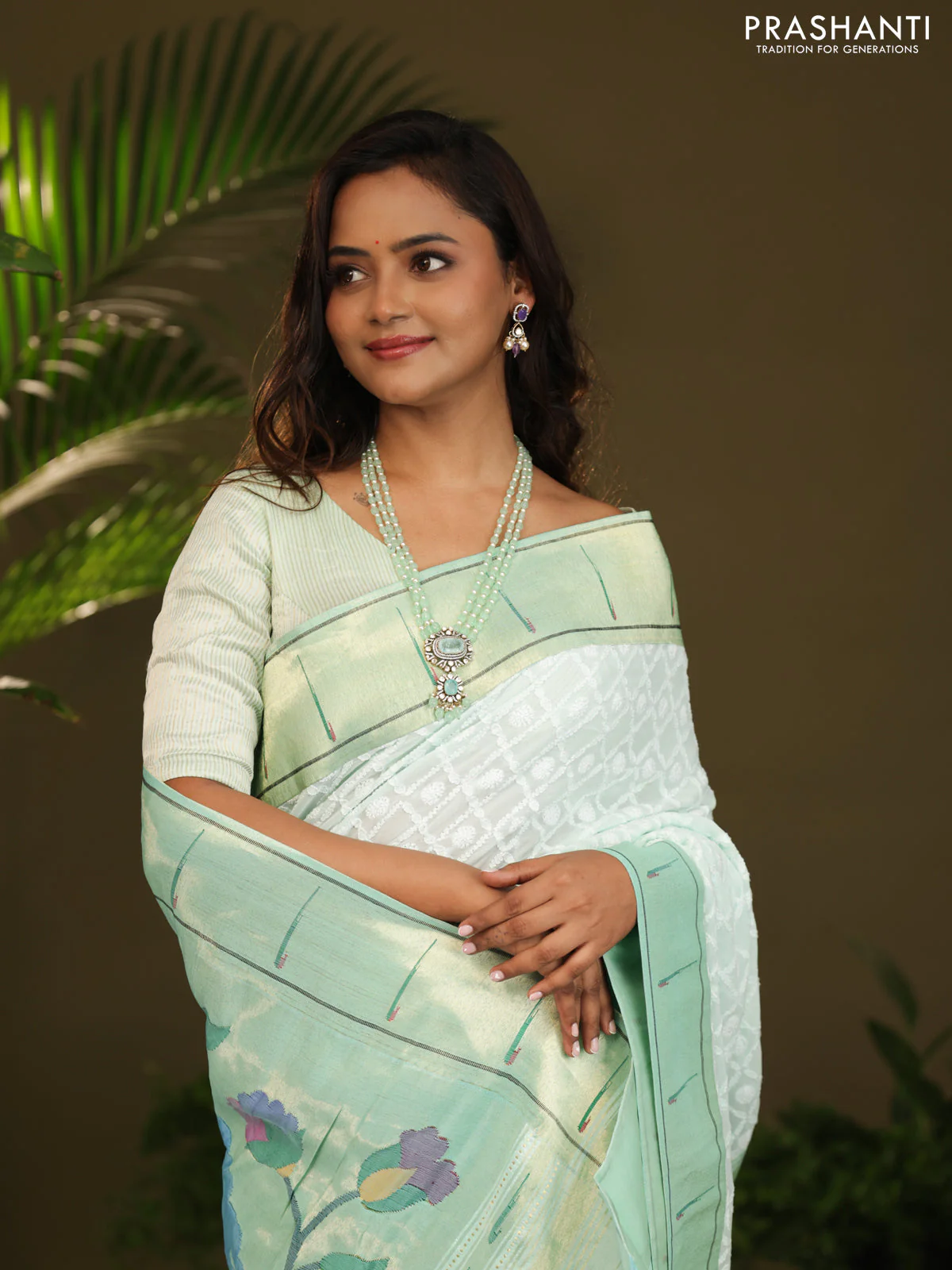 Pastel green Georgette Saree with Chikankari Work & paithani pallu - Image 6