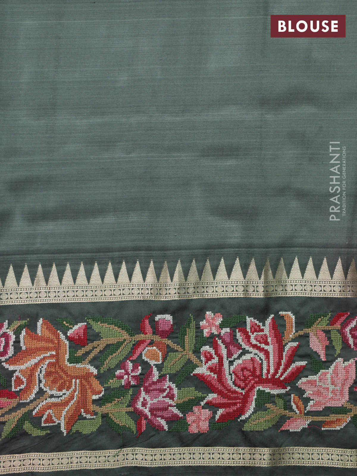 Pastel green -Grey Pure kanchipuram silk saree with Border Embroidery - Image 8