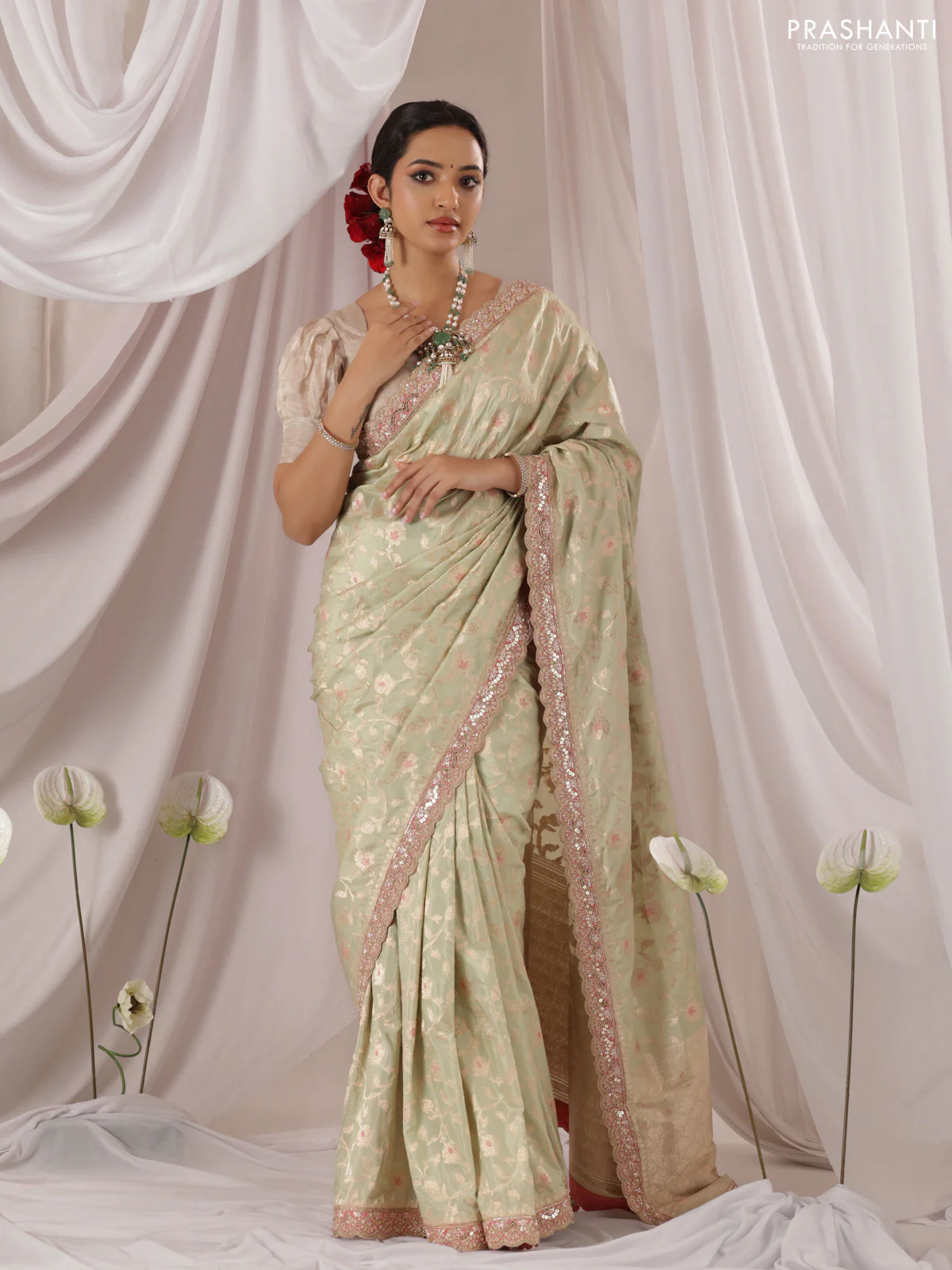 Pastel Green-Peach Pink Banarasi Uppada silk saree with allover zari weaves & embroidery border - Image 2