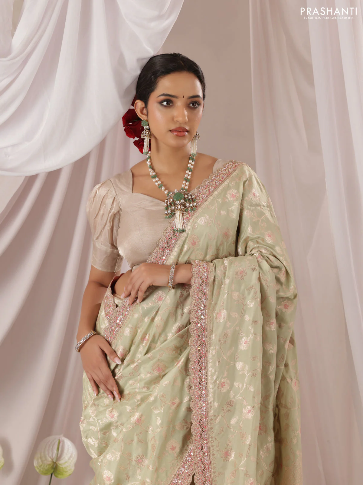 Pastel Green-Peach Pink Banarasi Uppada silk saree with allover zari weaves & embroidery border - Image 3