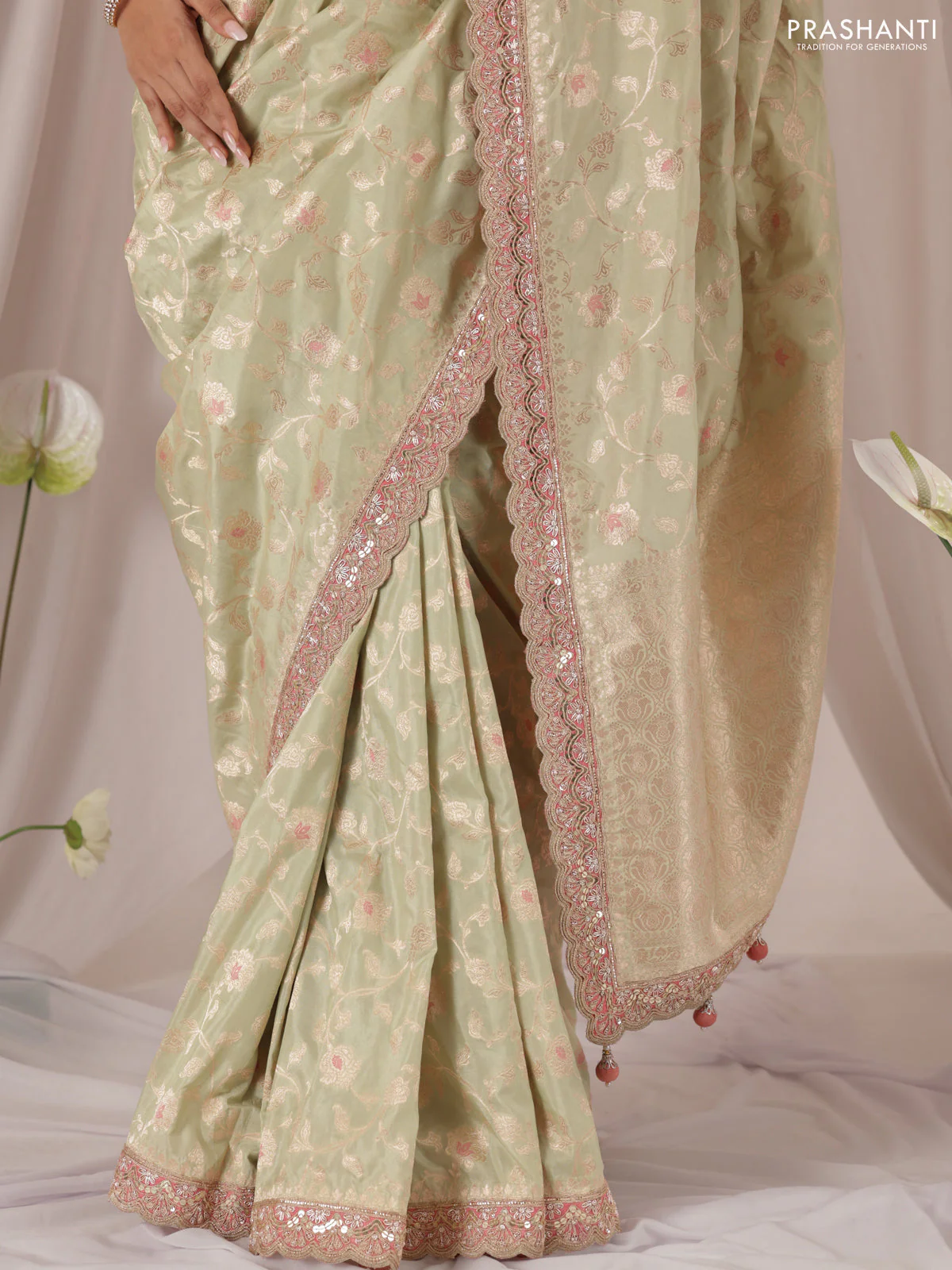 Pastel Green-Peach Pink Banarasi Uppada silk saree with allover zari weaves & embroidery border - Image 4