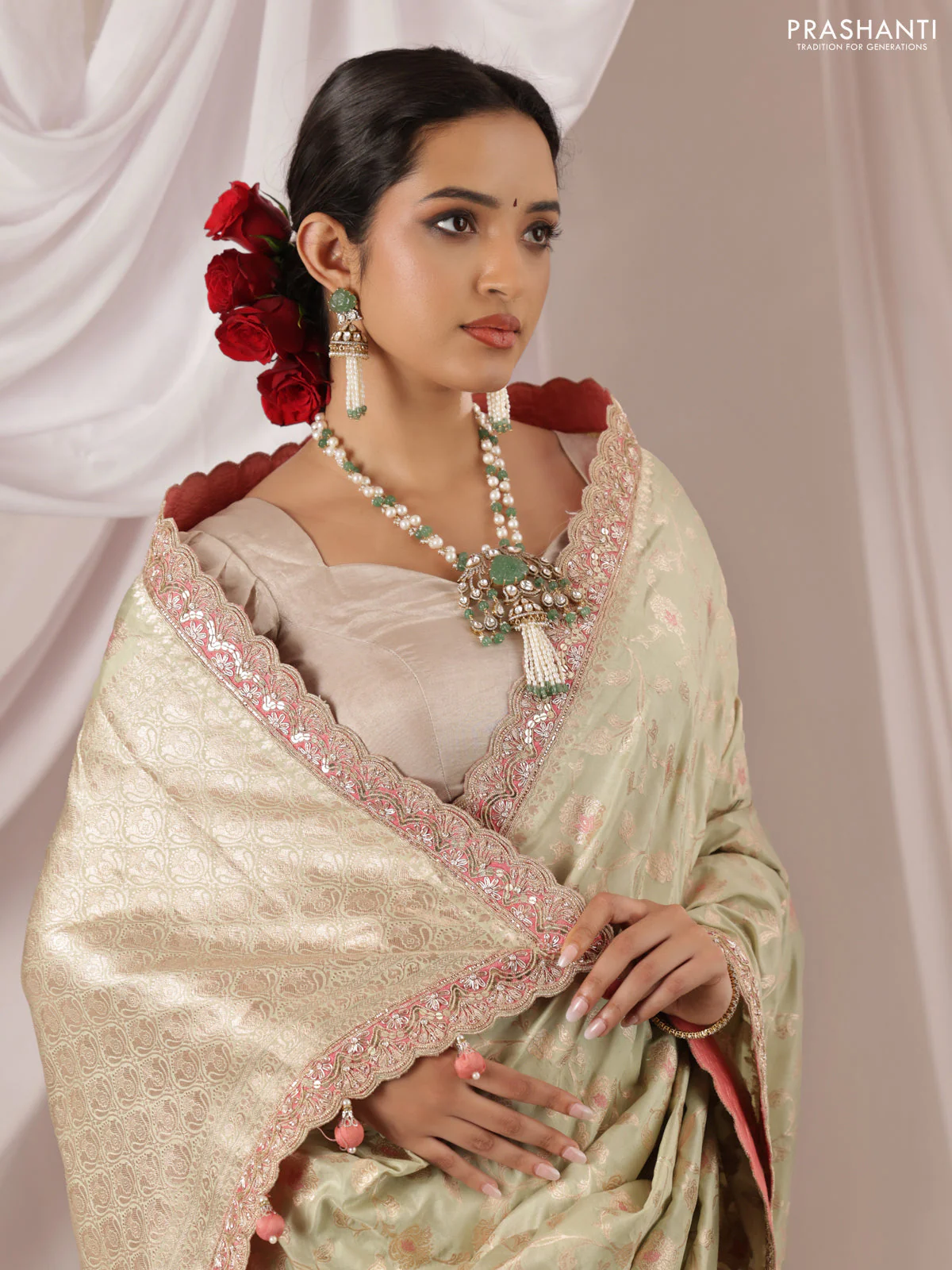 Pastel Green-Peach Pink Banarasi Uppada silk saree with allover zari weaves & embroidery border - Image 5