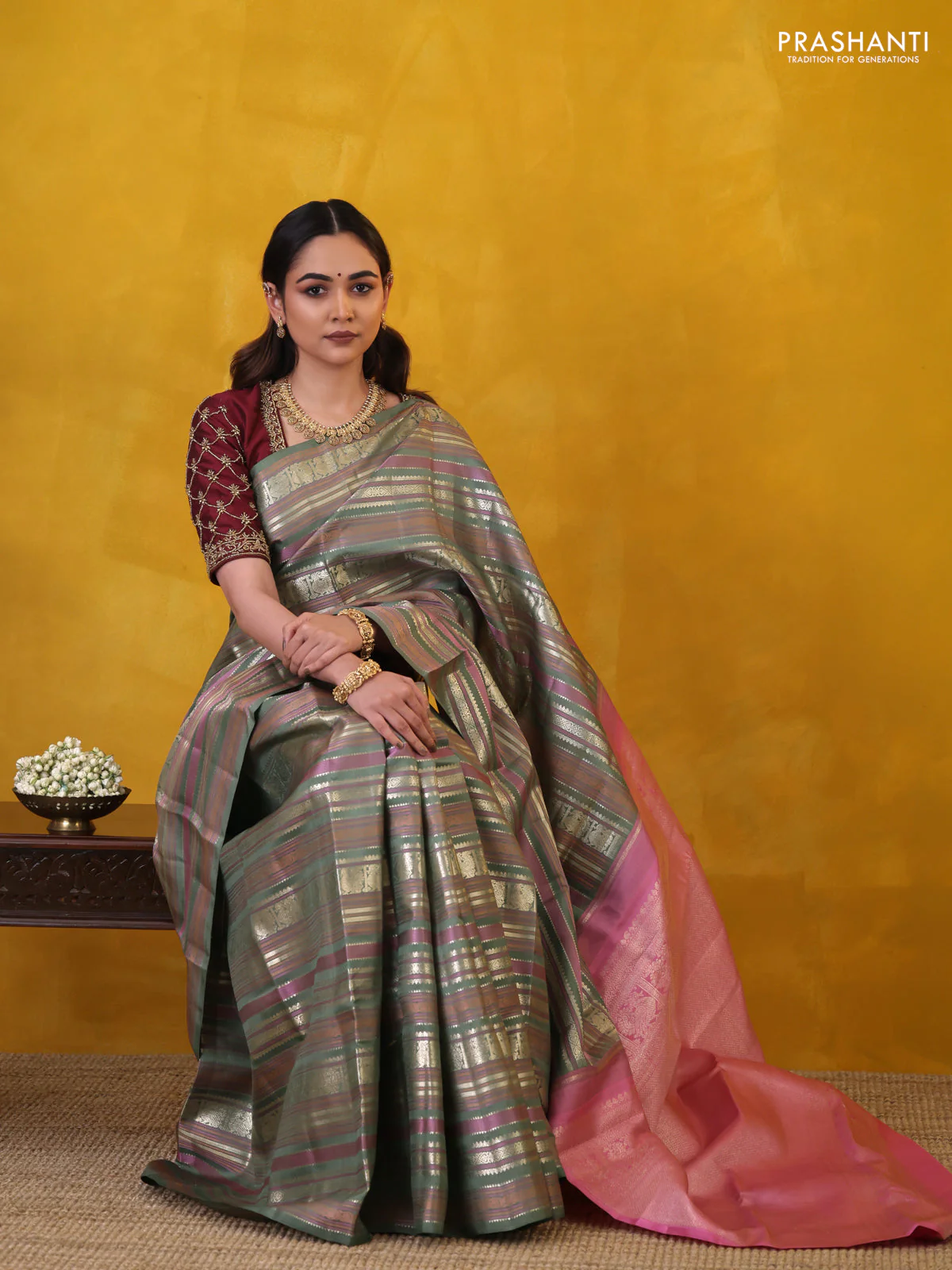 Pastel Green Pure Kanchipuram Silk Saree With Thread & Zari Stripes Pattern - Image 2