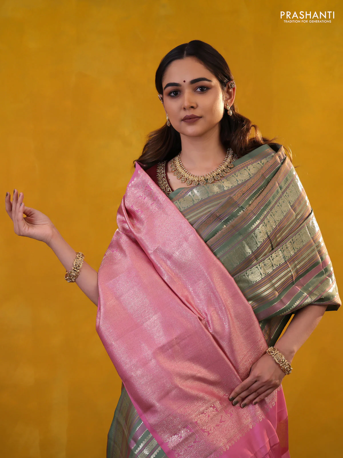 Pastel Green Pure Kanchipuram Silk Saree With Thread & Zari Stripes Pattern - Image 3