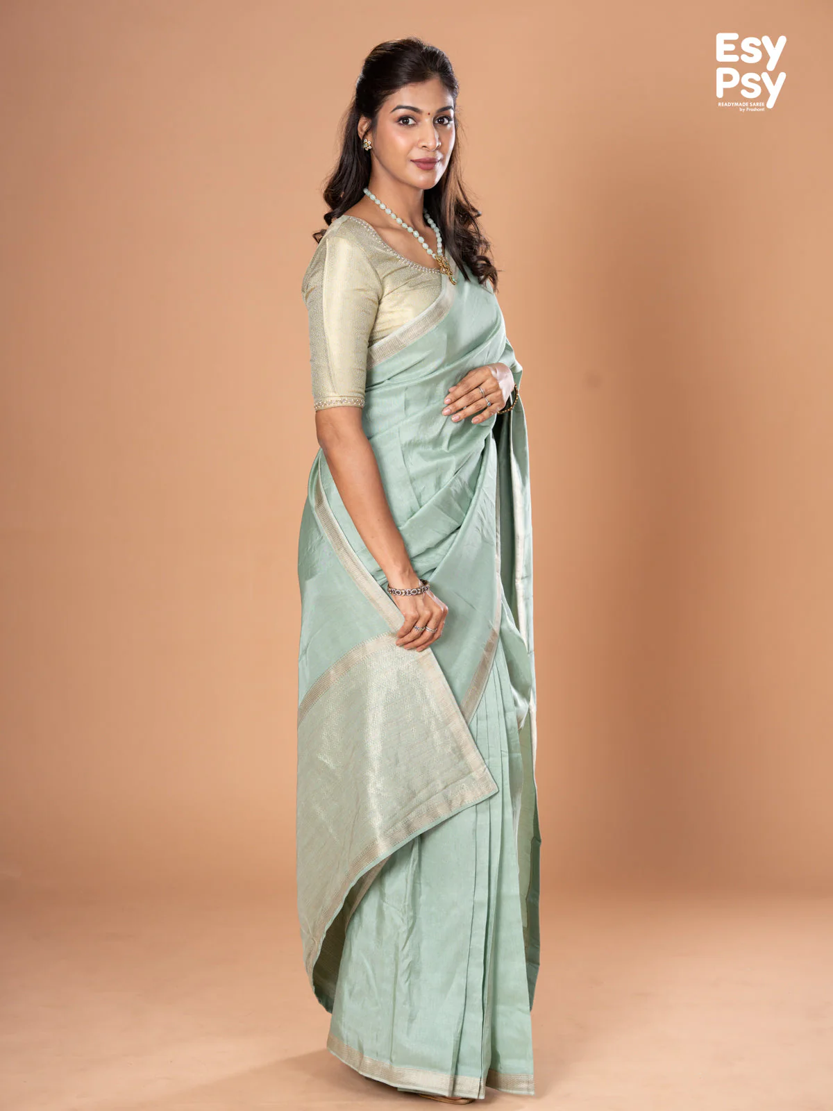 Pastel green Semi Tussar readymade saree with readymade brocade blouse - Image 2