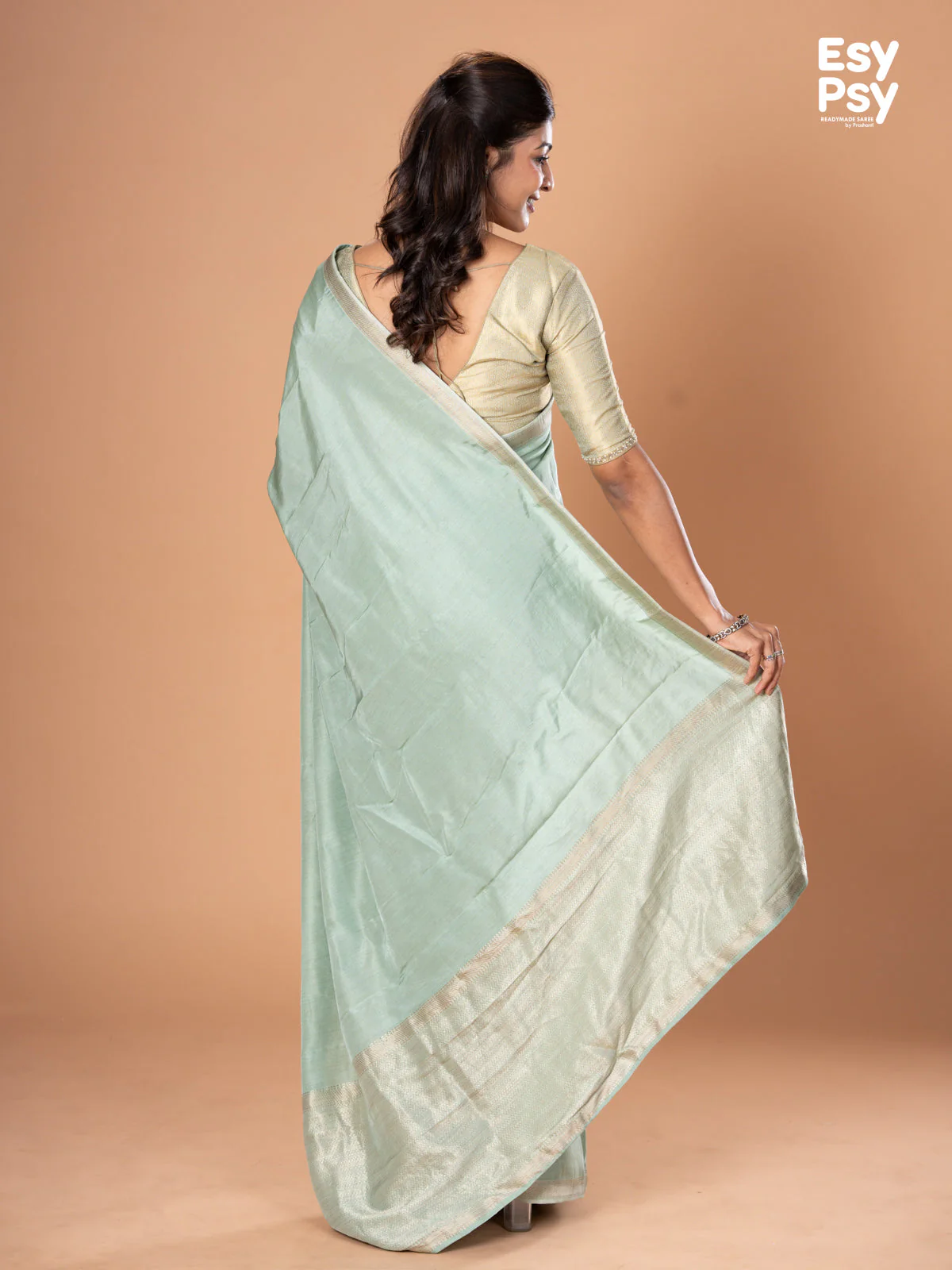 Pastel green Semi Tussar readymade saree with readymade brocade blouse - Image 3