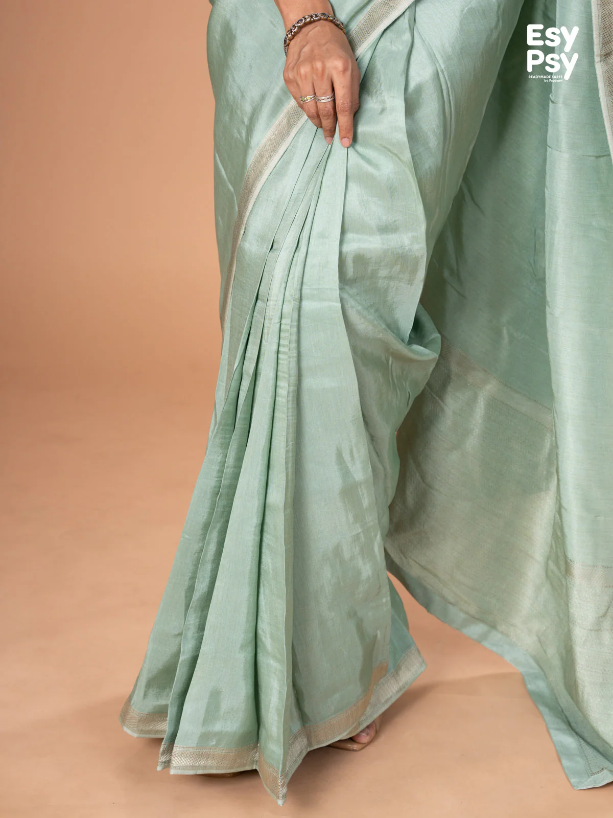 Pastel green Semi Tussar readymade saree with readymade brocade blouse - Image 4