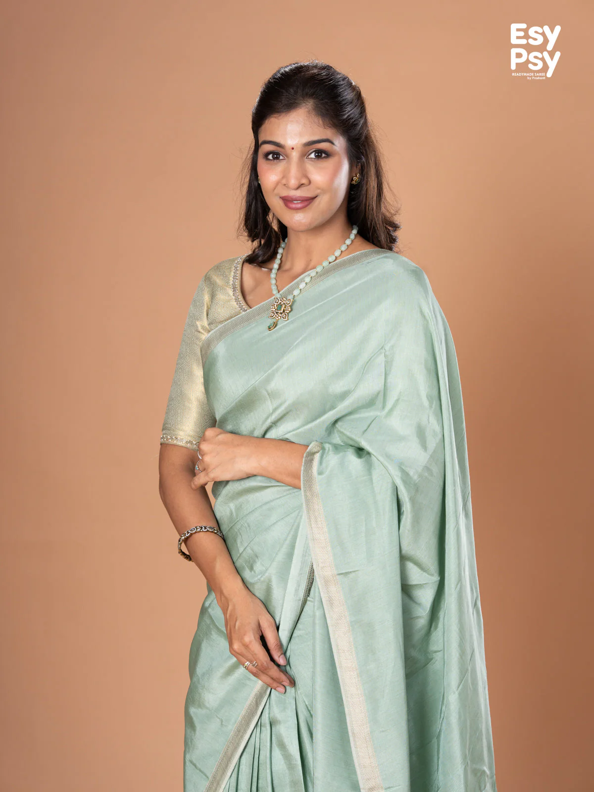 Pastel green Semi Tussar readymade saree with readymade brocade blouse - Image 5