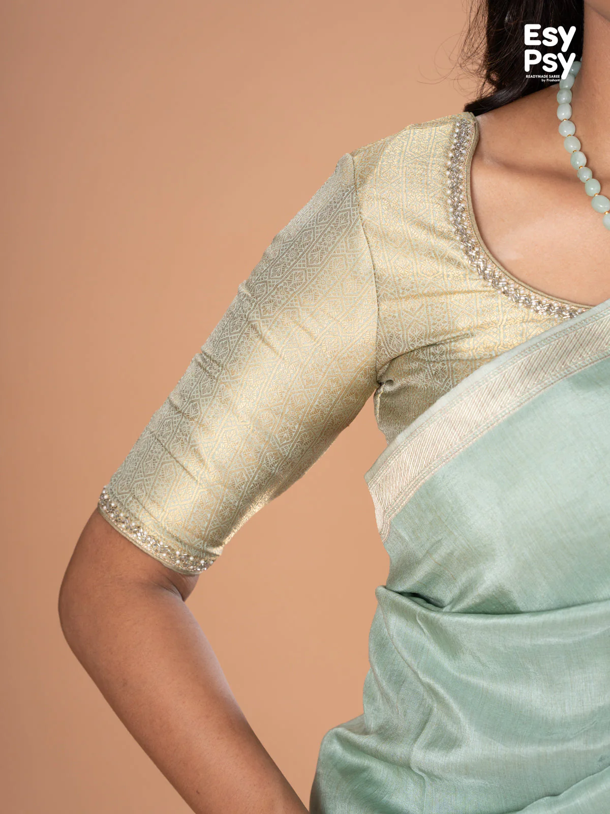 Pastel green Semi Tussar readymade saree with readymade brocade blouse - Image 6