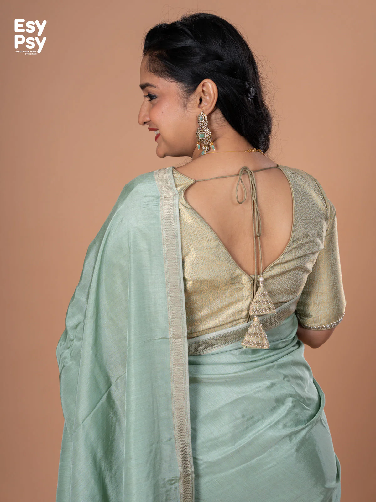 Pastel green Semi Tussar readymade saree with readymade brocade blouse - Image 7