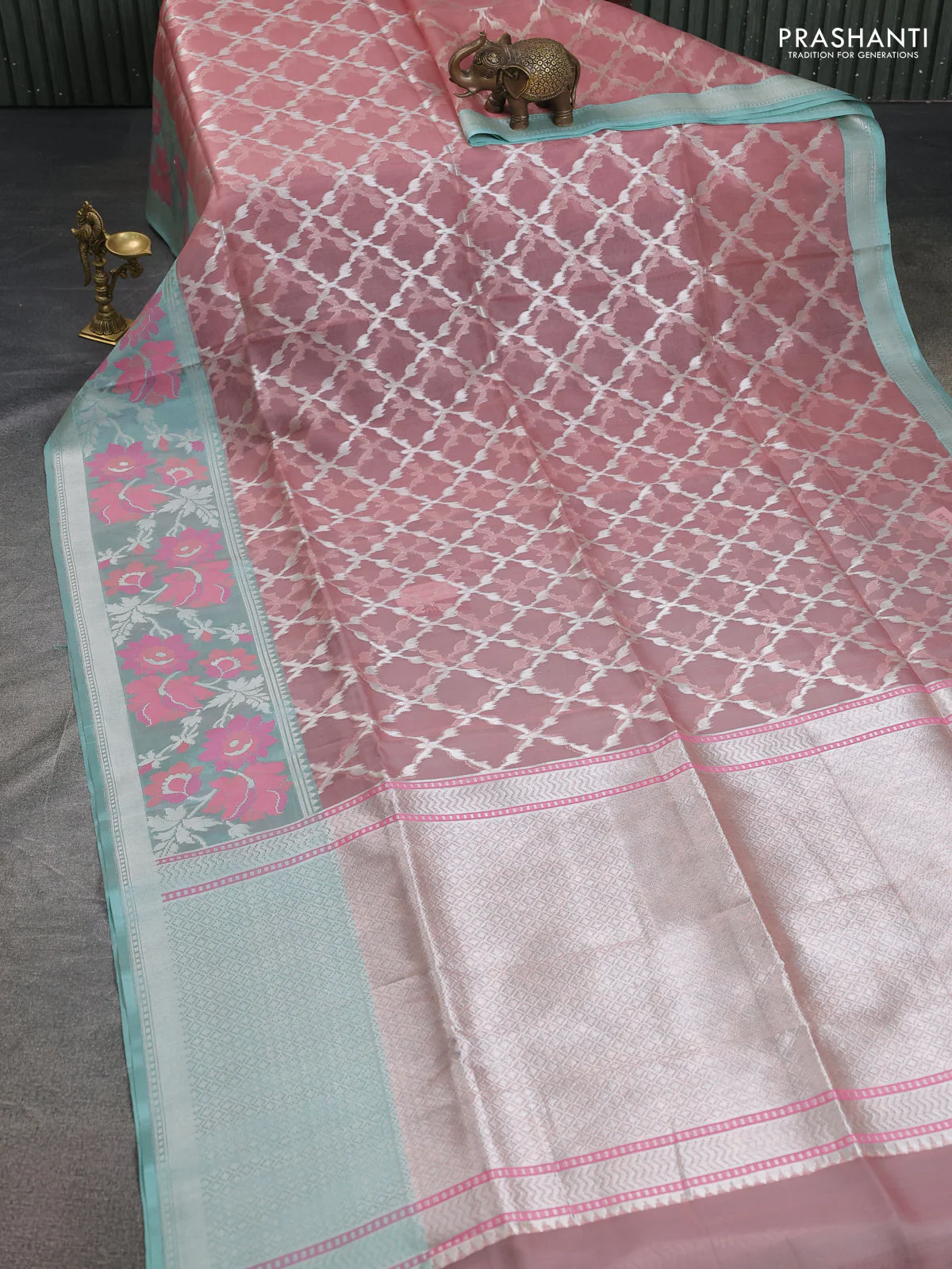 pastel peach and teal blue Banarasi kora jamdhani silk saree - Image 2