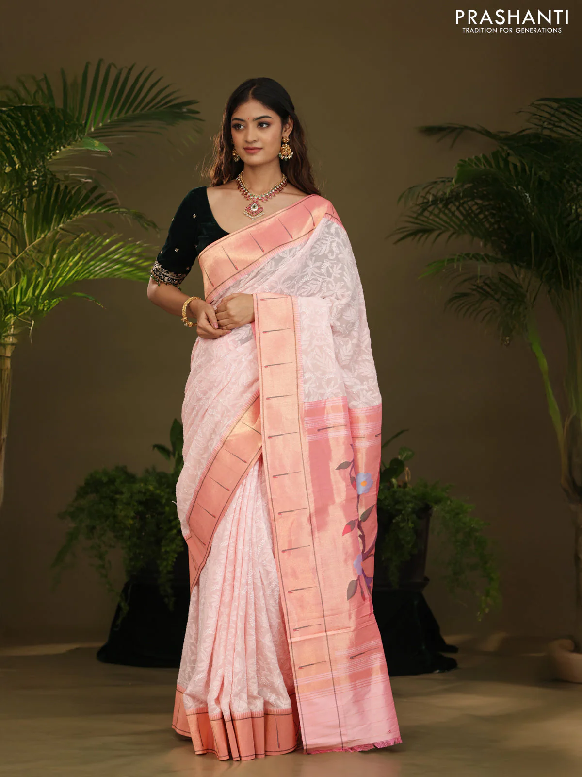 Pastel Pink Georgette Saree With Chikankari Work & Paithani Pallu - Image 2