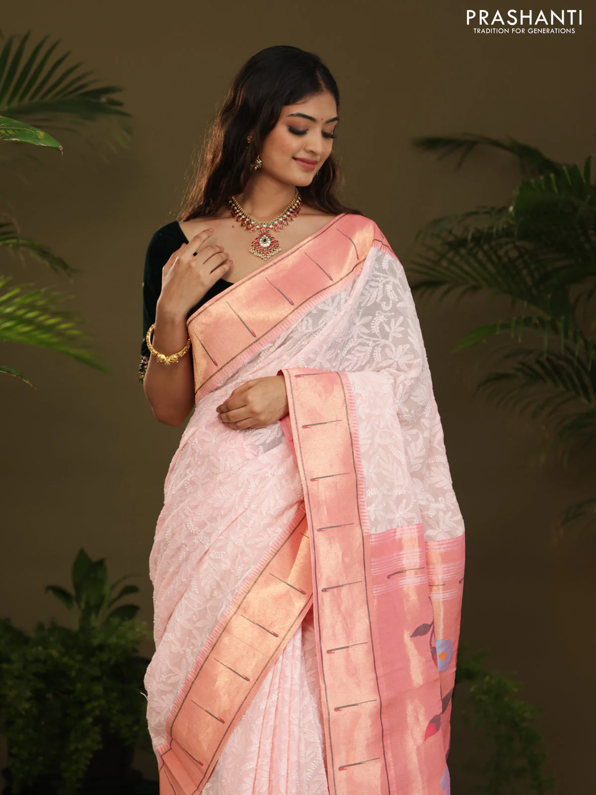 Pastel Pink Georgette Saree With Chikankari Work & Paithani Pallu - Image 3