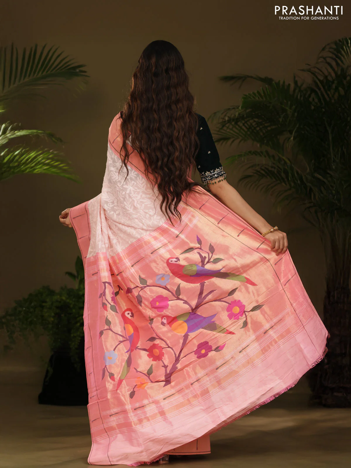 Pastel Pink Georgette Saree With Chikankari Work & Paithani Pallu - Image 5