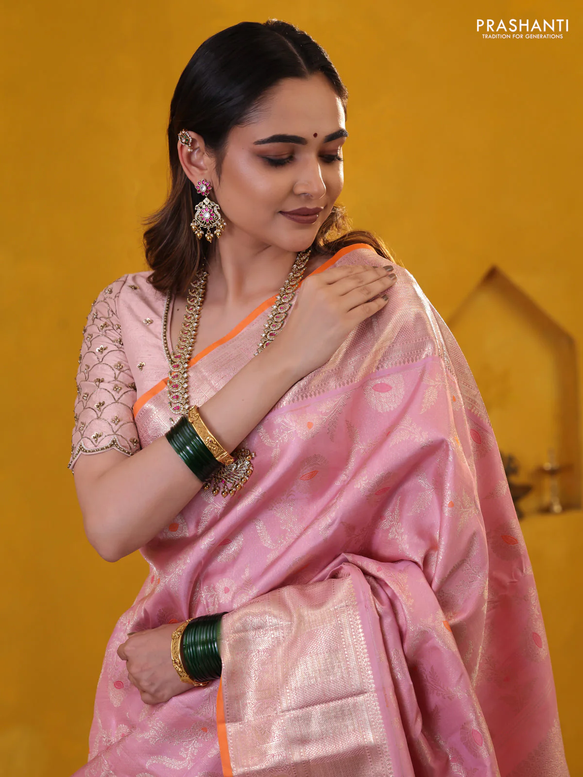Pastel Pink-Orange Pure Kanchipuram Silk Saree With Allover Zari Weaves - Image 2