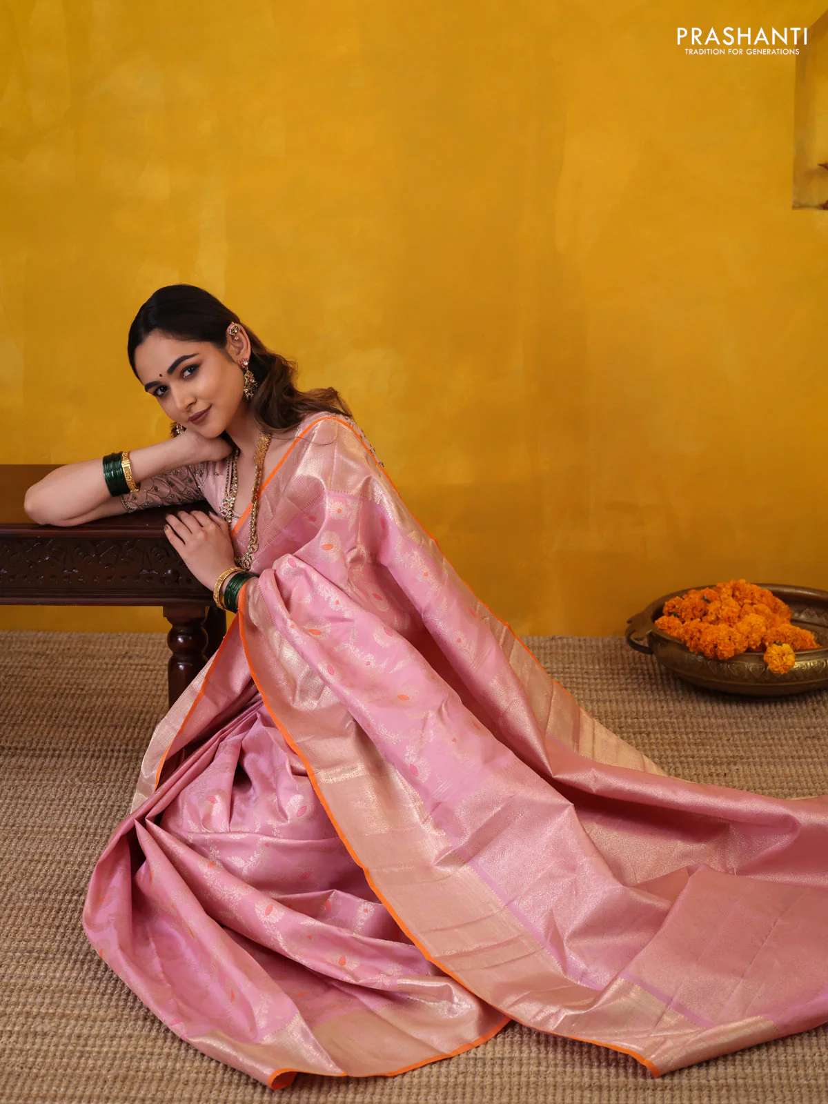 Pastel Pink-Orange Pure Kanchipuram Silk Saree With Allover Zari Weaves - Image 4