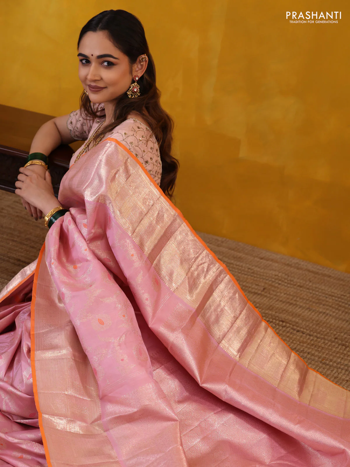 Pastel Pink-Orange Pure Kanchipuram Silk Saree With Allover Zari Weaves - Image 5