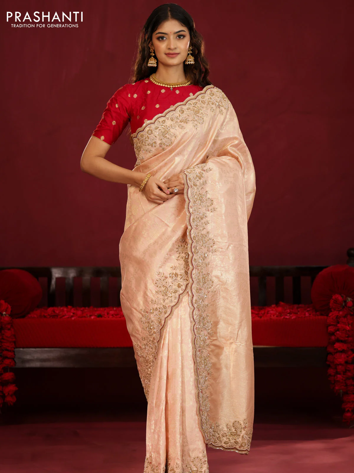 Pastel pink pure kanchipuram silk saree with allover weaves & border embroidery - Image 2